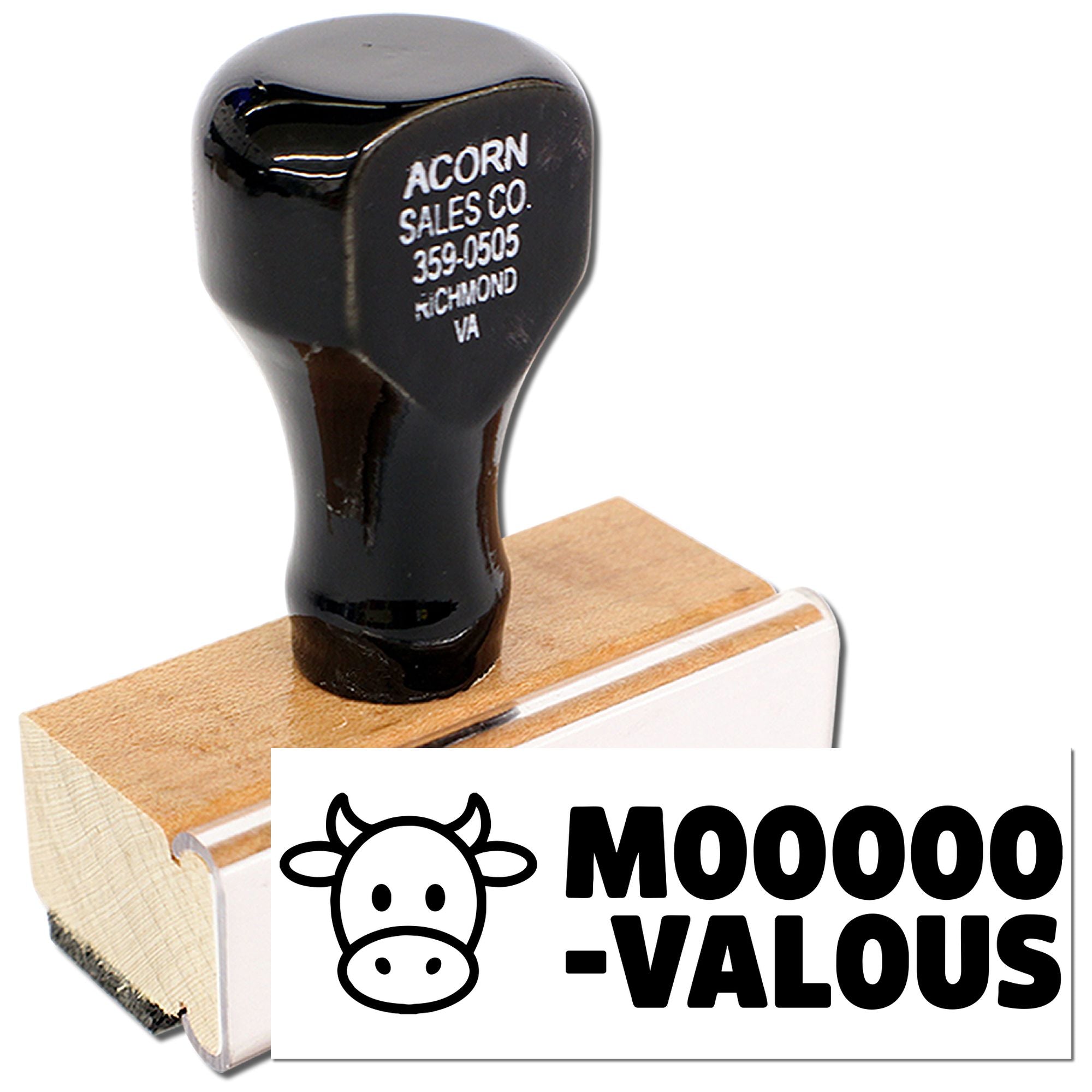 Custom rubber stamp with cow icon and Mooooo-Valous design for farm-themed marketing.