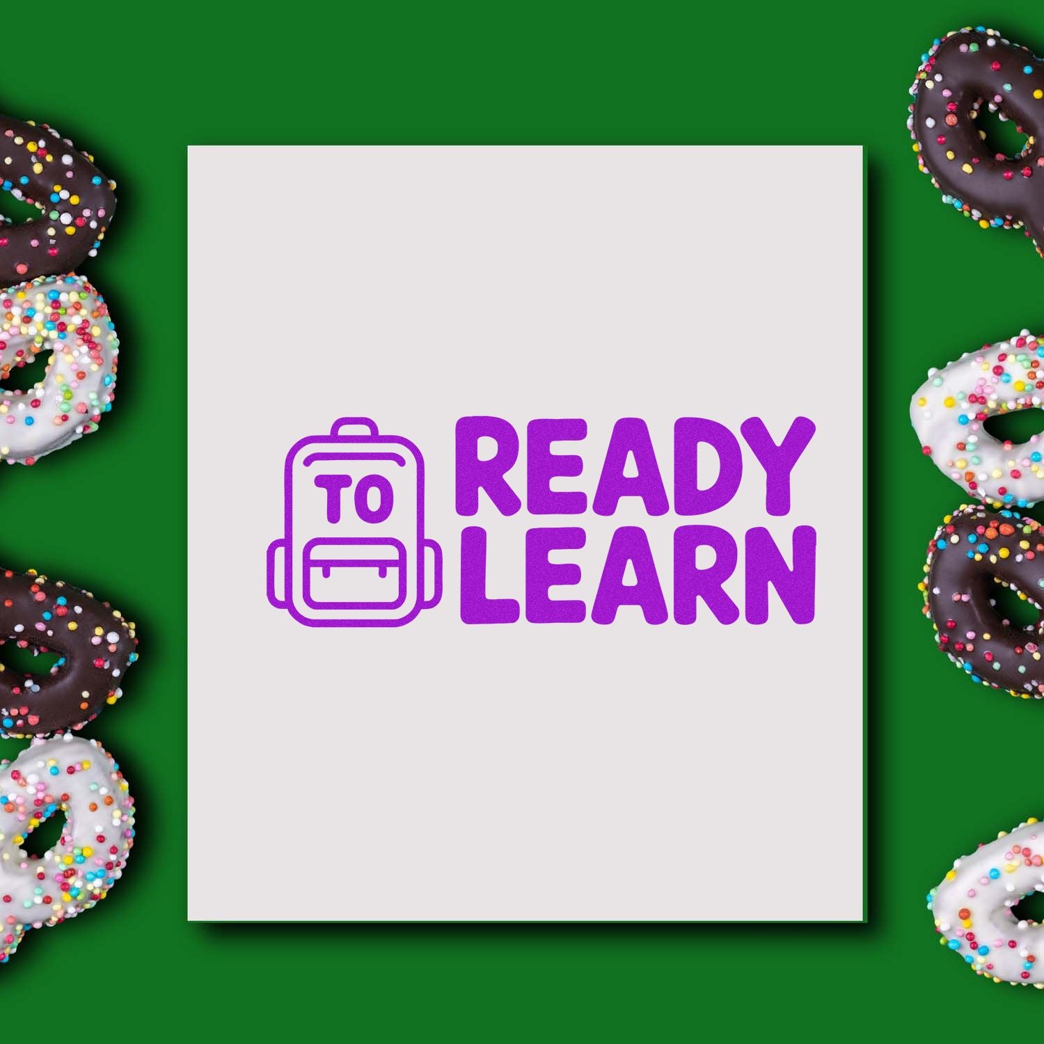 Ready to Learn back-to-school rubber stamp design with backpack icon and bold purple text on a clean product mockup.