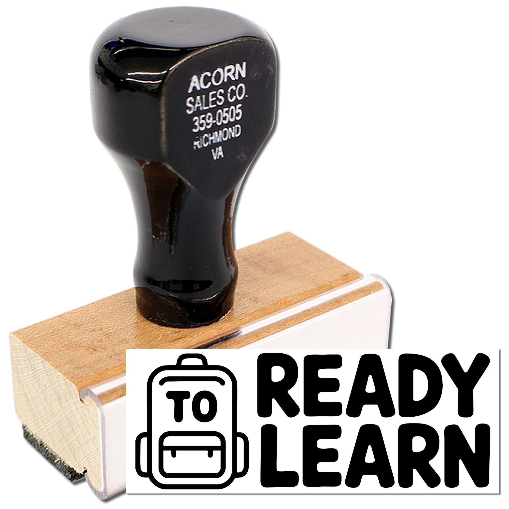 Back-to-school rubber stamp with Ready Learn backpack icon for teachers