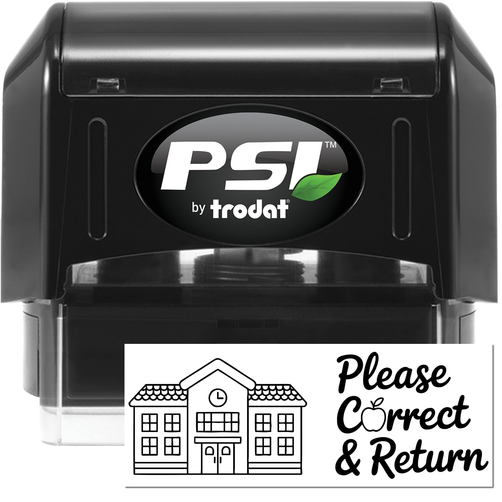 PSI by Trodat self-inking rubber stamp with Please Correct & Return design for office or school document review.