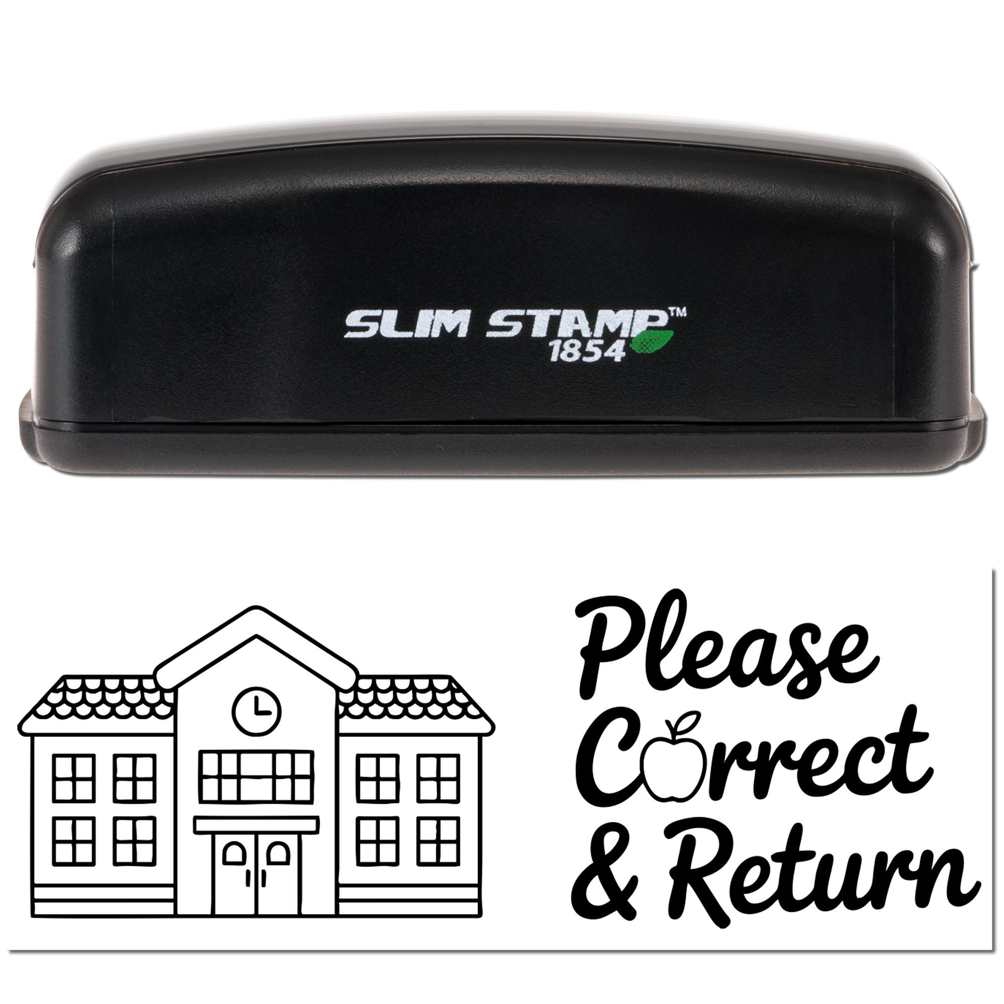 Slim Stamp 1854 self-inking teacher rubber stamp with schoolhouse icon and Please Correct & Return message.