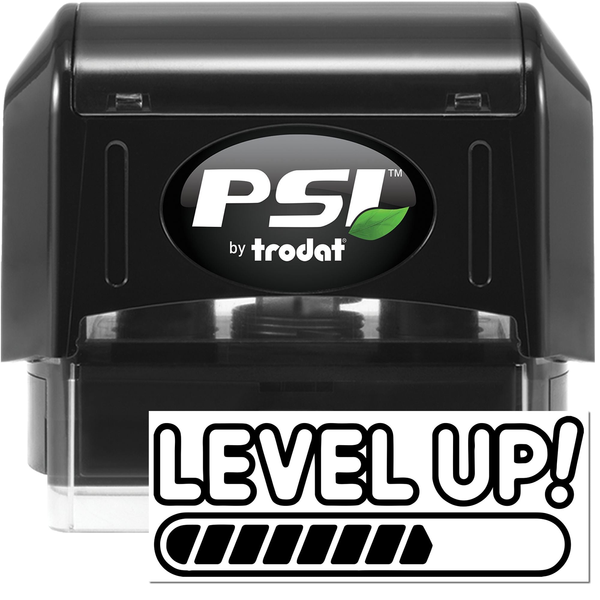 PSI by Trodat Level Up rubber stamp with progress bar design, perfect for motivational office marking and custom stamping.