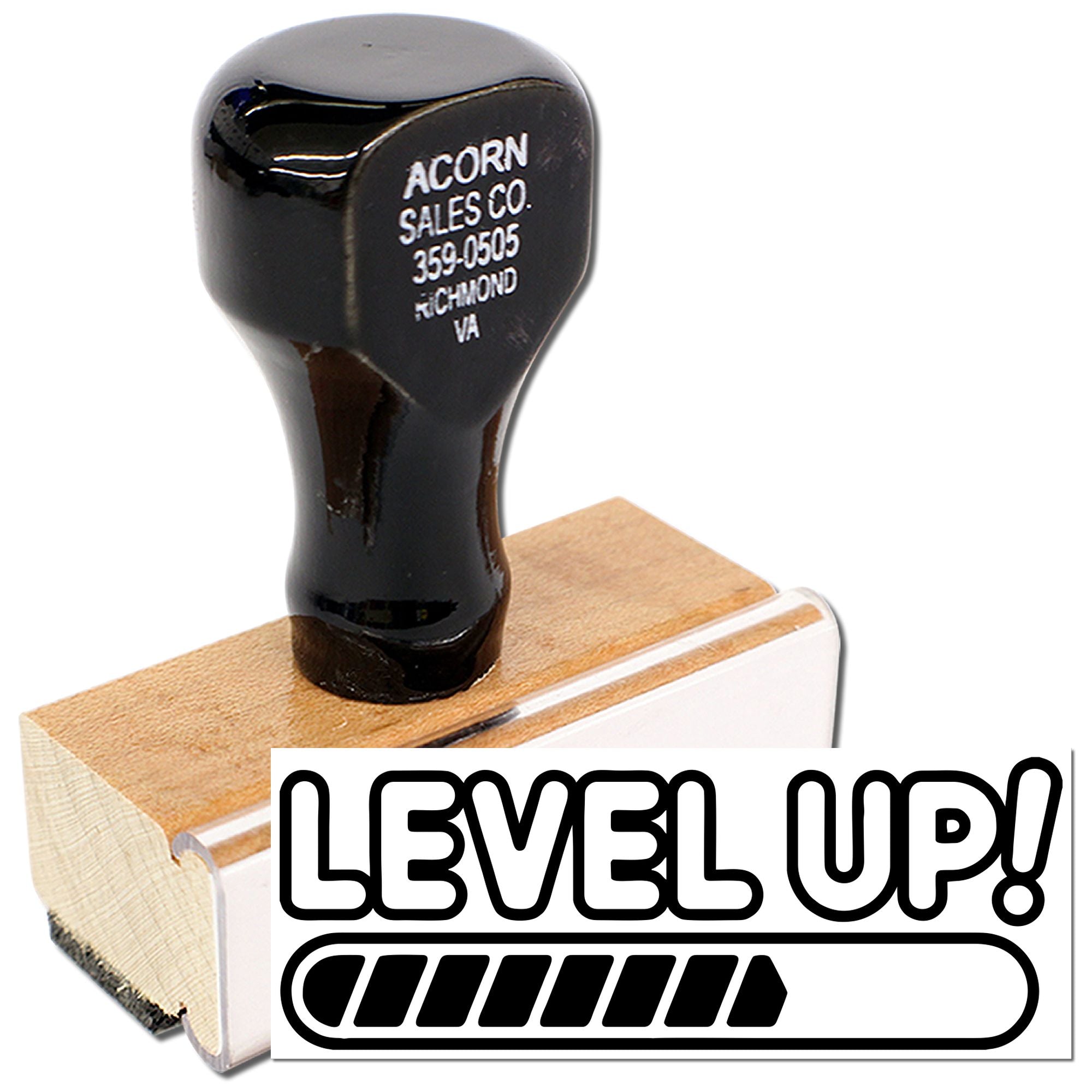 Custom Level Up rubber stamp with progress bar design for branding, packaging, and motivational business use.