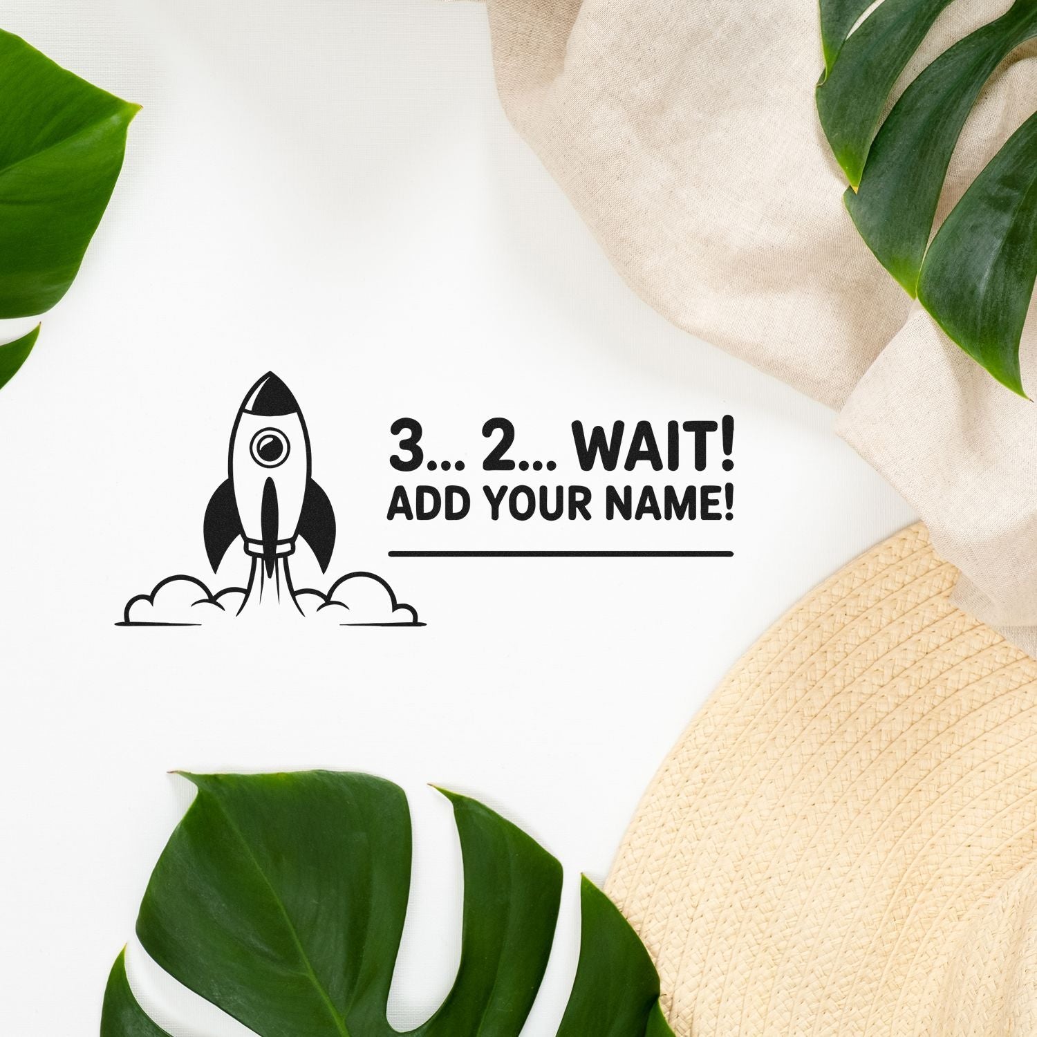Custom rubber stamp design with rocket and 3...2... WAIT! ADD YOUR NAME! text for personalized branding.