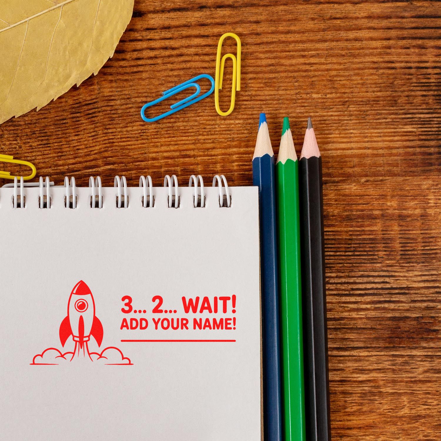 Custom rubber stamp design with rocket and 3...2...WAIT! ADD YOUR NAME! for personalized notebook labeling.