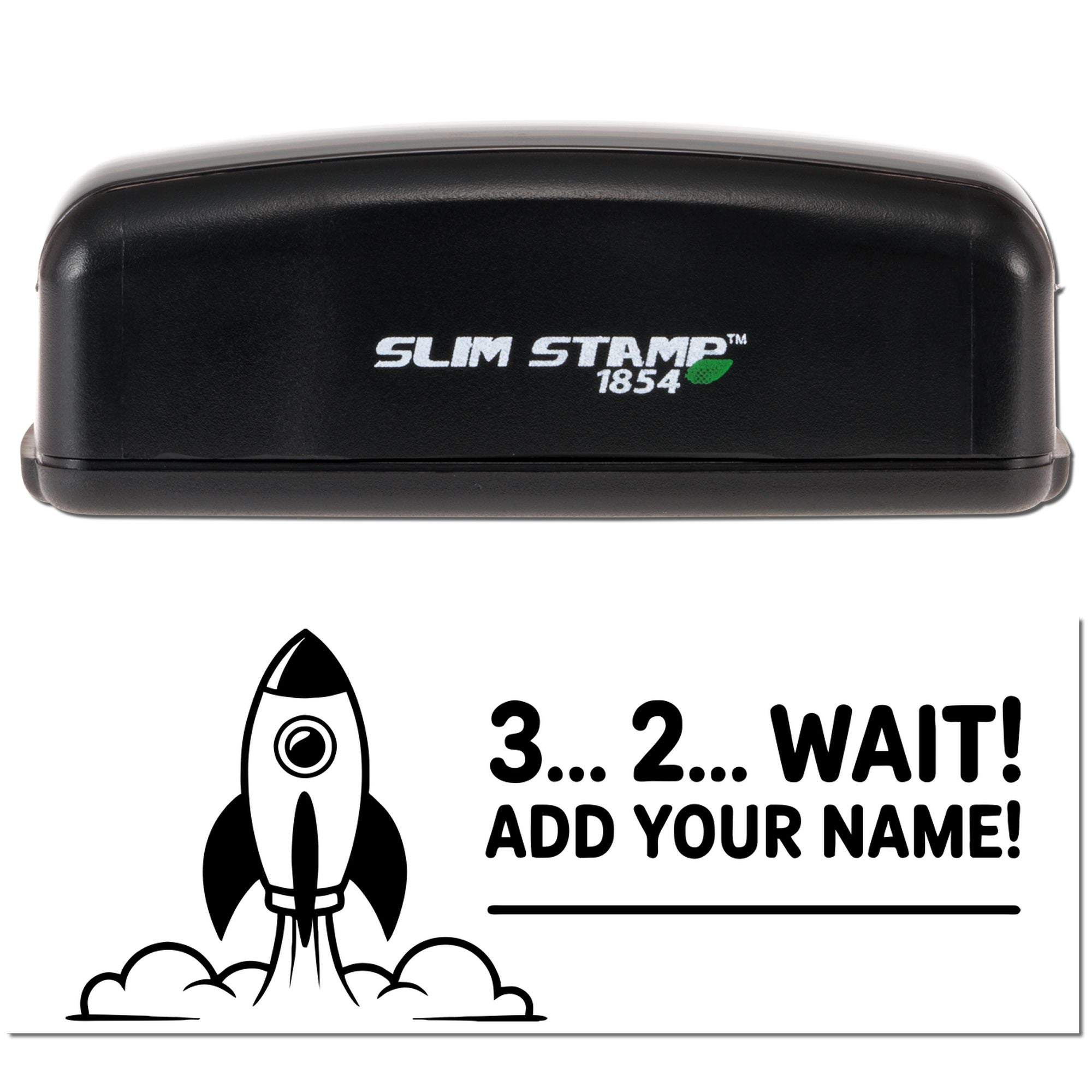 Custom Slim Stamp 1854 rubber stamp with rocket design and add-your-name text for personalized branding.