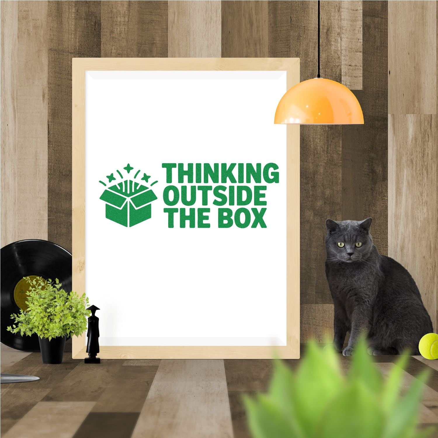 Custom rubber stamp design with green Thinking Outside the Box graphic and box icon, shown in a framed mockup.