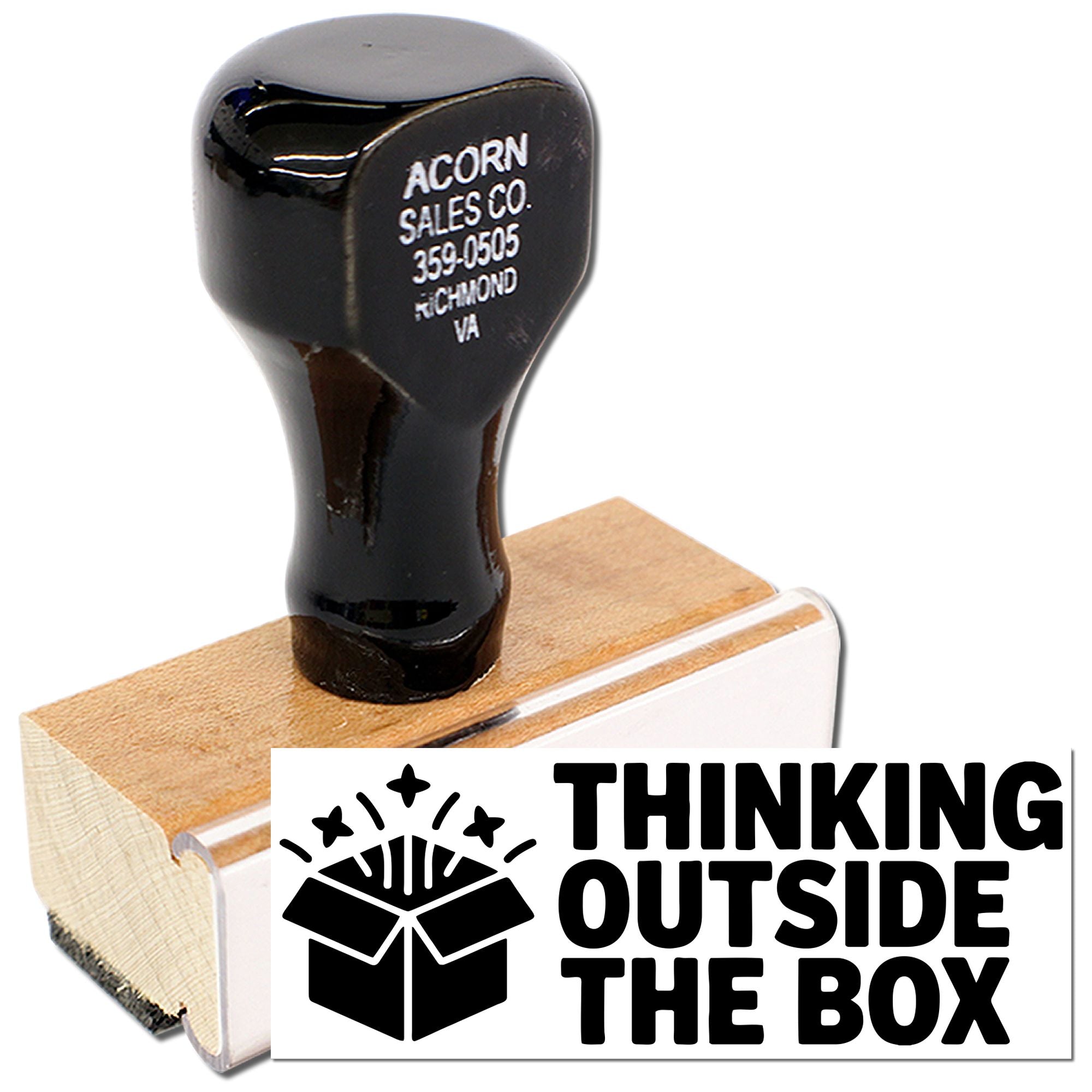 Custom rubber stamp with Thinking Outside the Box design for branding, marketing, and office use.