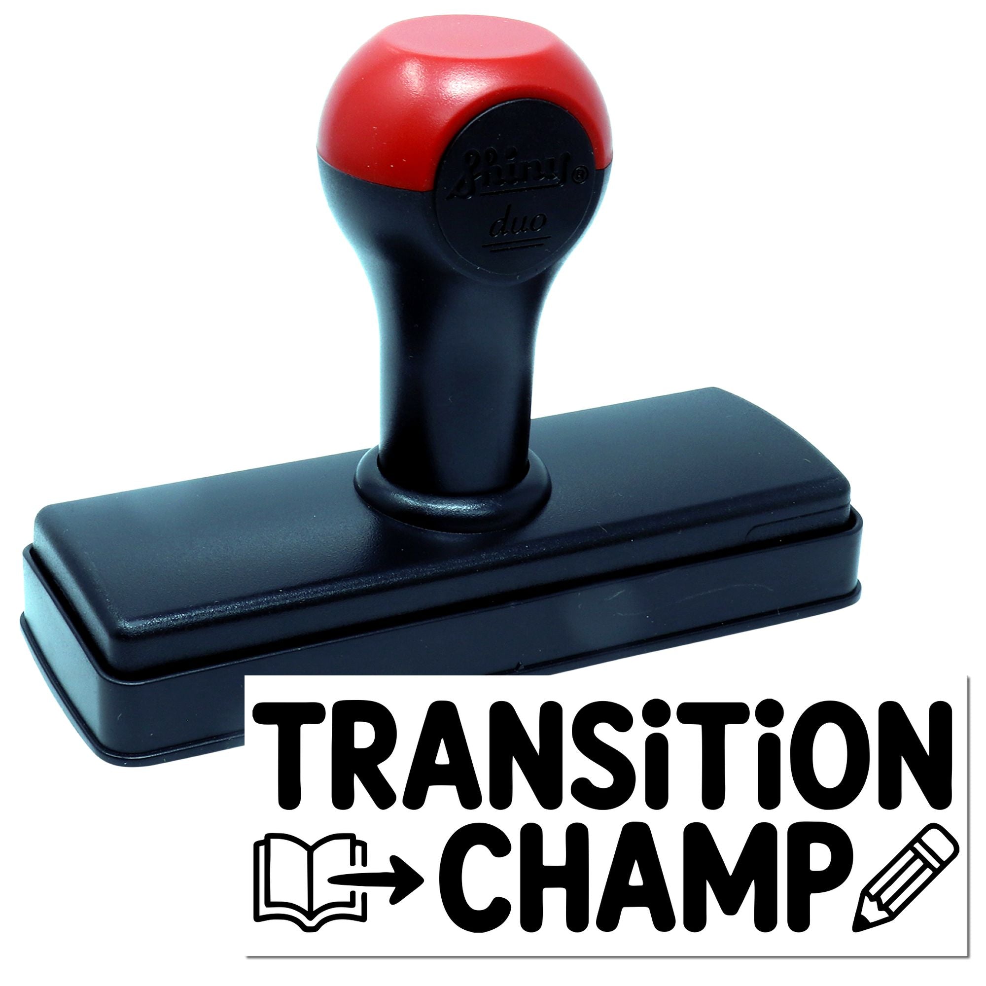 Self-inking rubber stamp with custom Transition Champ design for classroom recognition and student achievement.