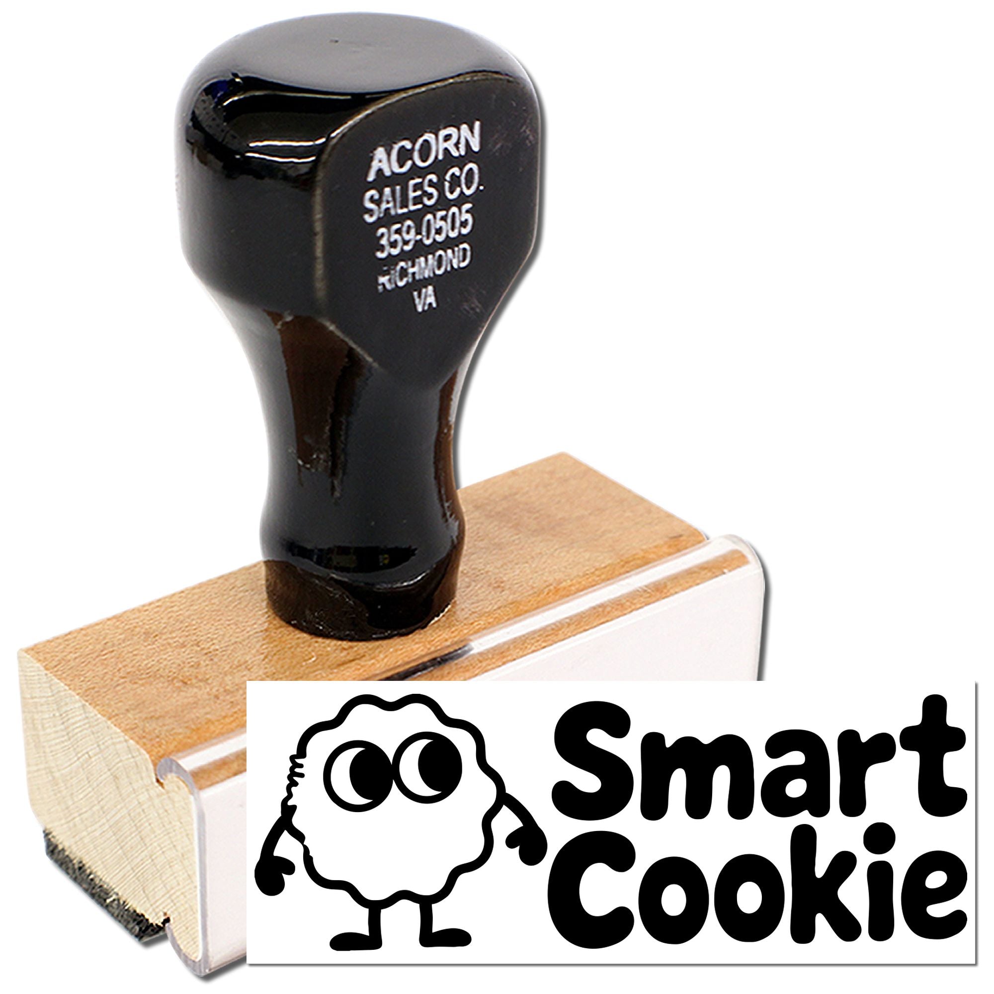 Custom wood-mounted rubber stamp with Smart Cookie design for bakery branding, packaging, and craft use.