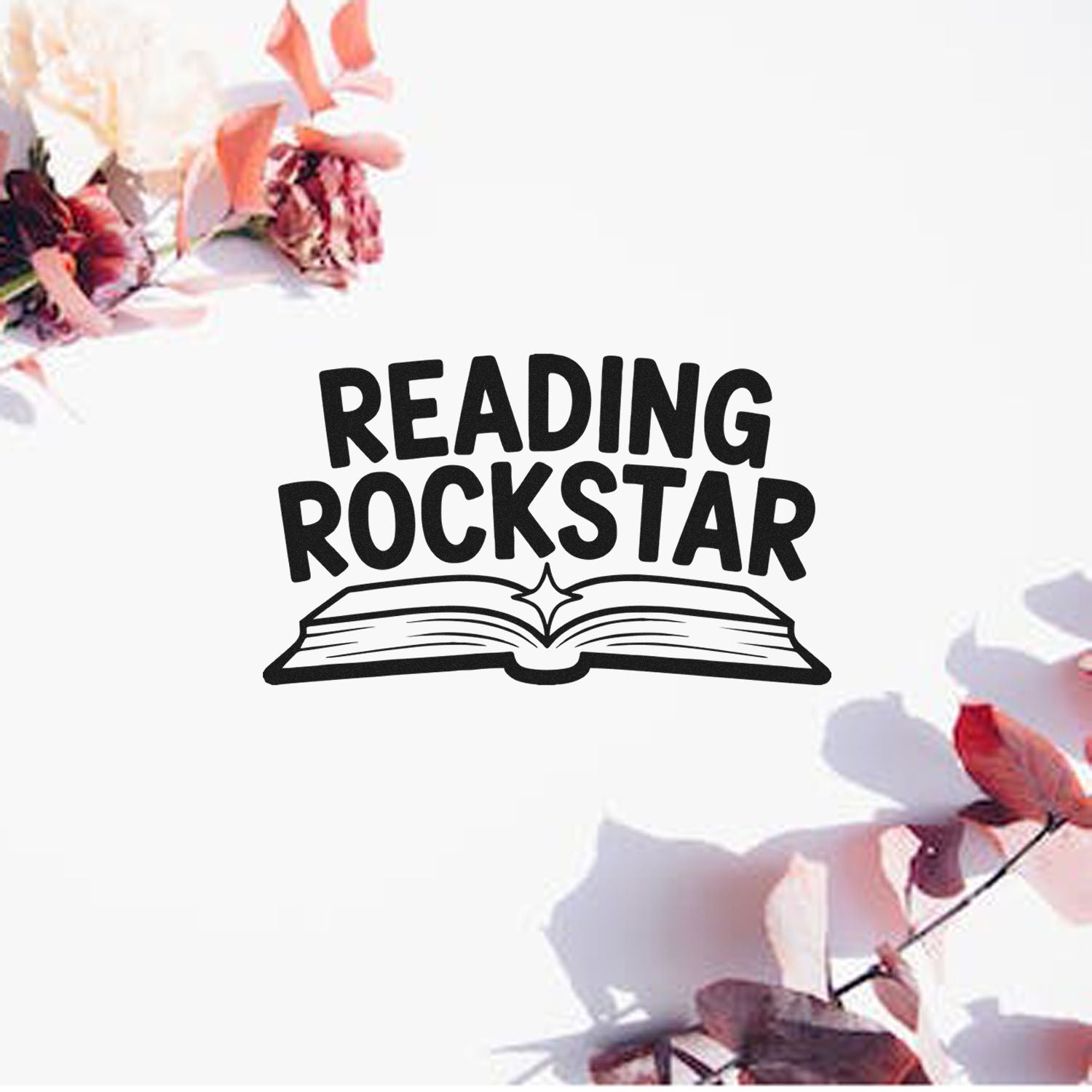Reading Rockstar rubber stamp with open book icon, perfect for teachers, librarians, and book lovers.