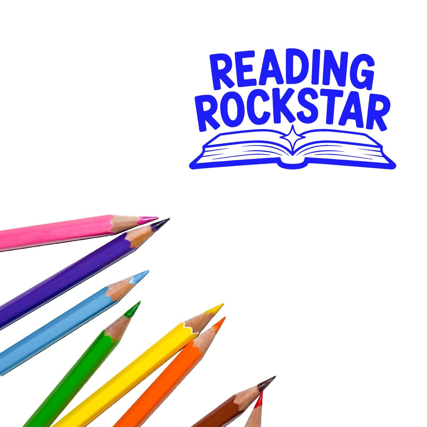 Reading Rockstar rubber stamp design with open book and colorful pencils for student reading rewards.