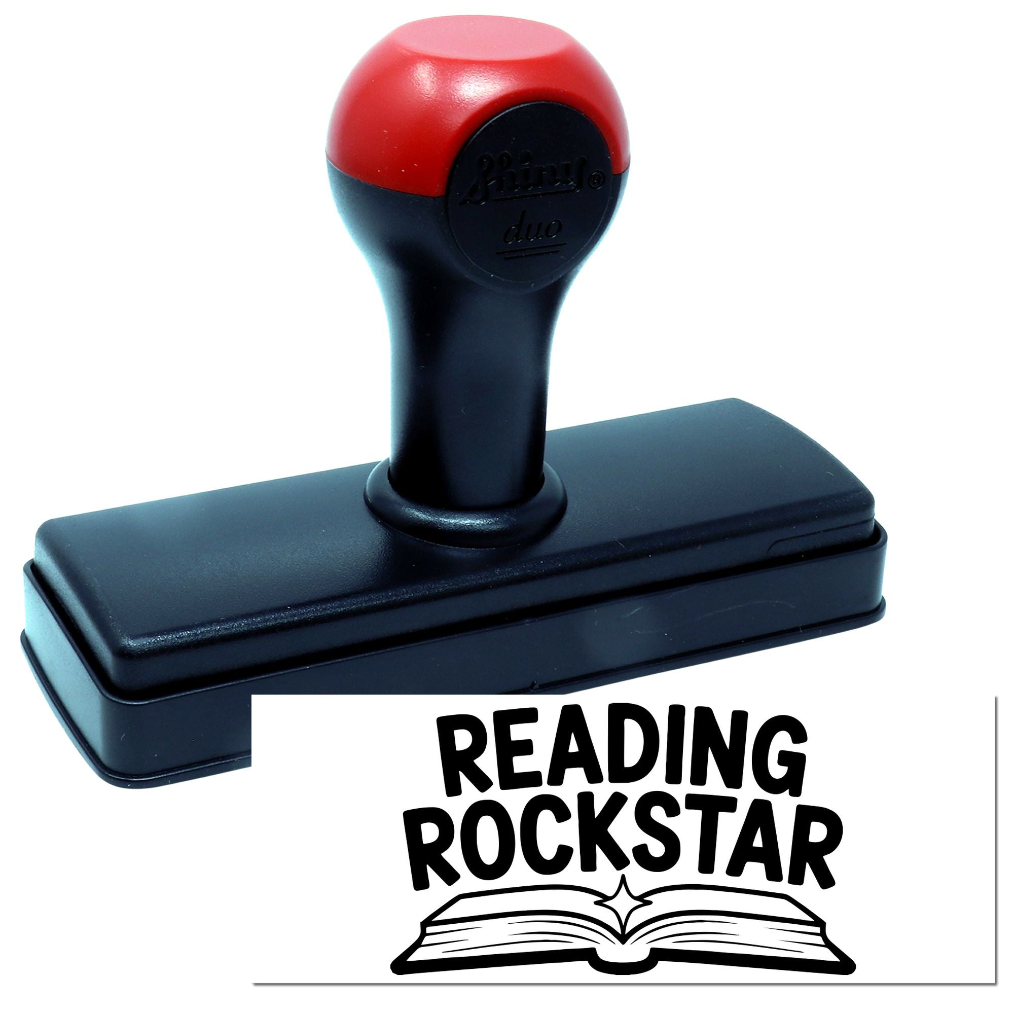 Reading Rockstar self-inking rubber stamp with open book design, ideal for teacher rewards and classroom reading praise.