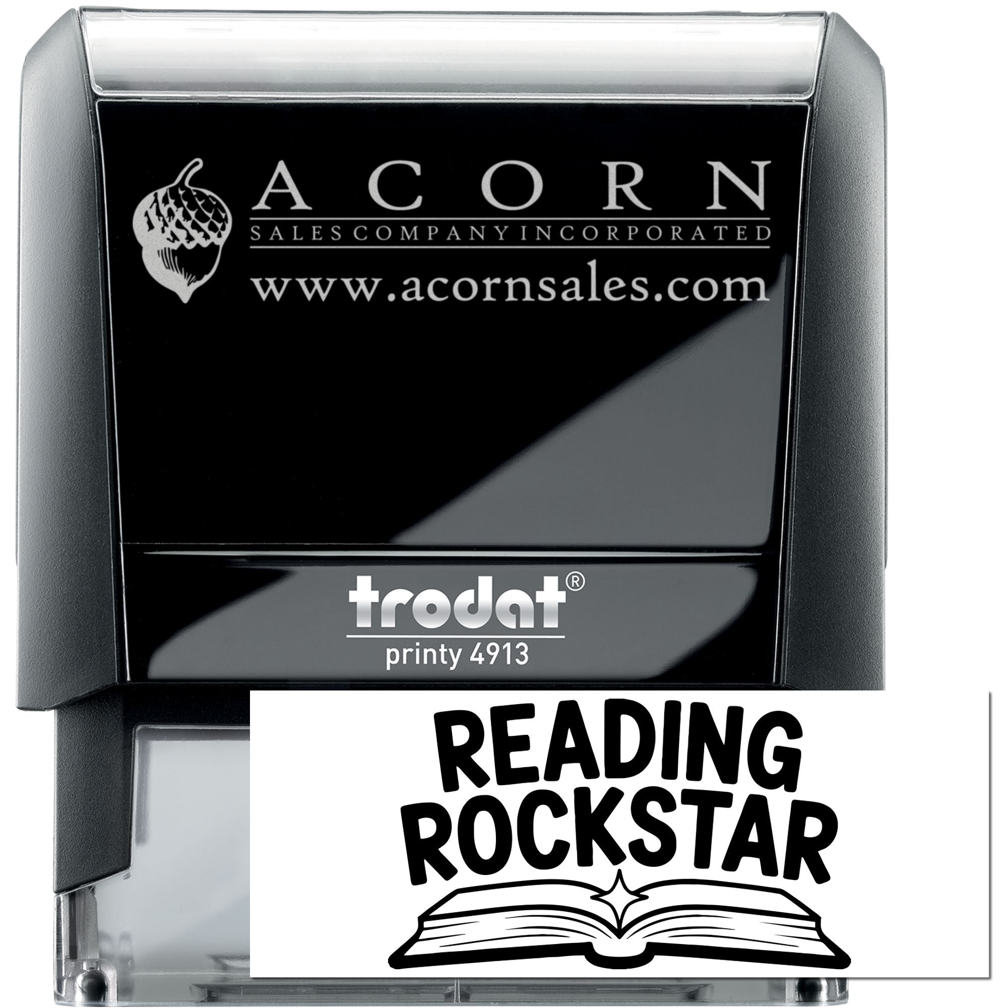 Custom self-inking rubber stamp examples: Trodat Printy 4913 with Acorn Sales logo and Reading Rockstar design.