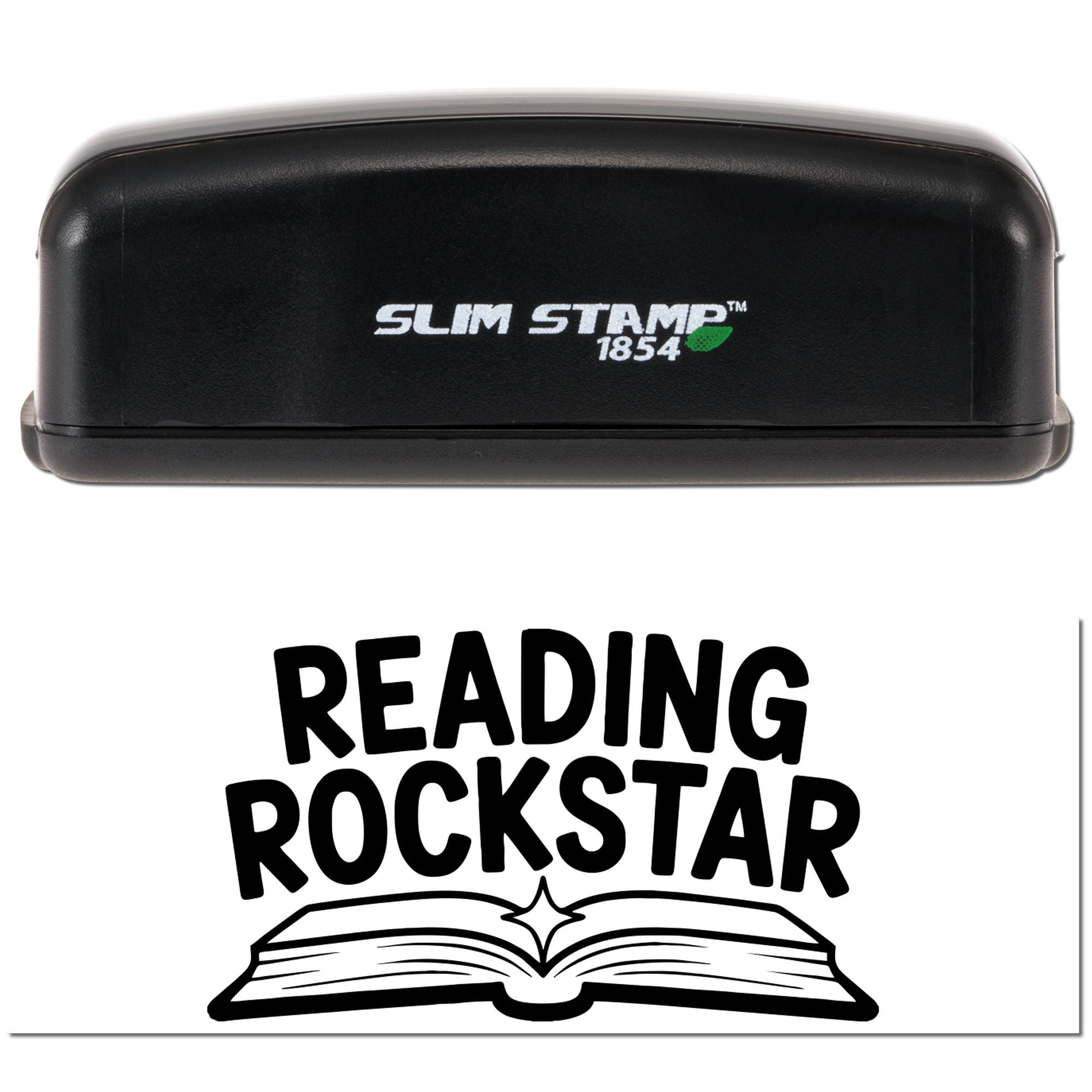 Slim Stamp 1854 self-inking rubber stamp with Reading Rockstar design for classroom reading rewards.