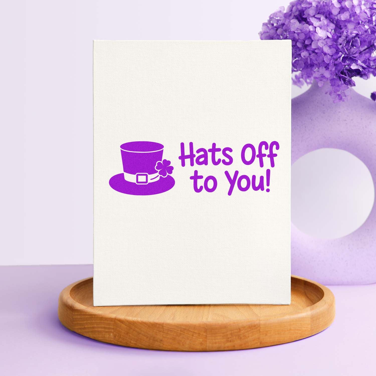 Purple Hats Off to You! rubber stamp design with top hat icon for congratulations, appreciation, or celebration cards.