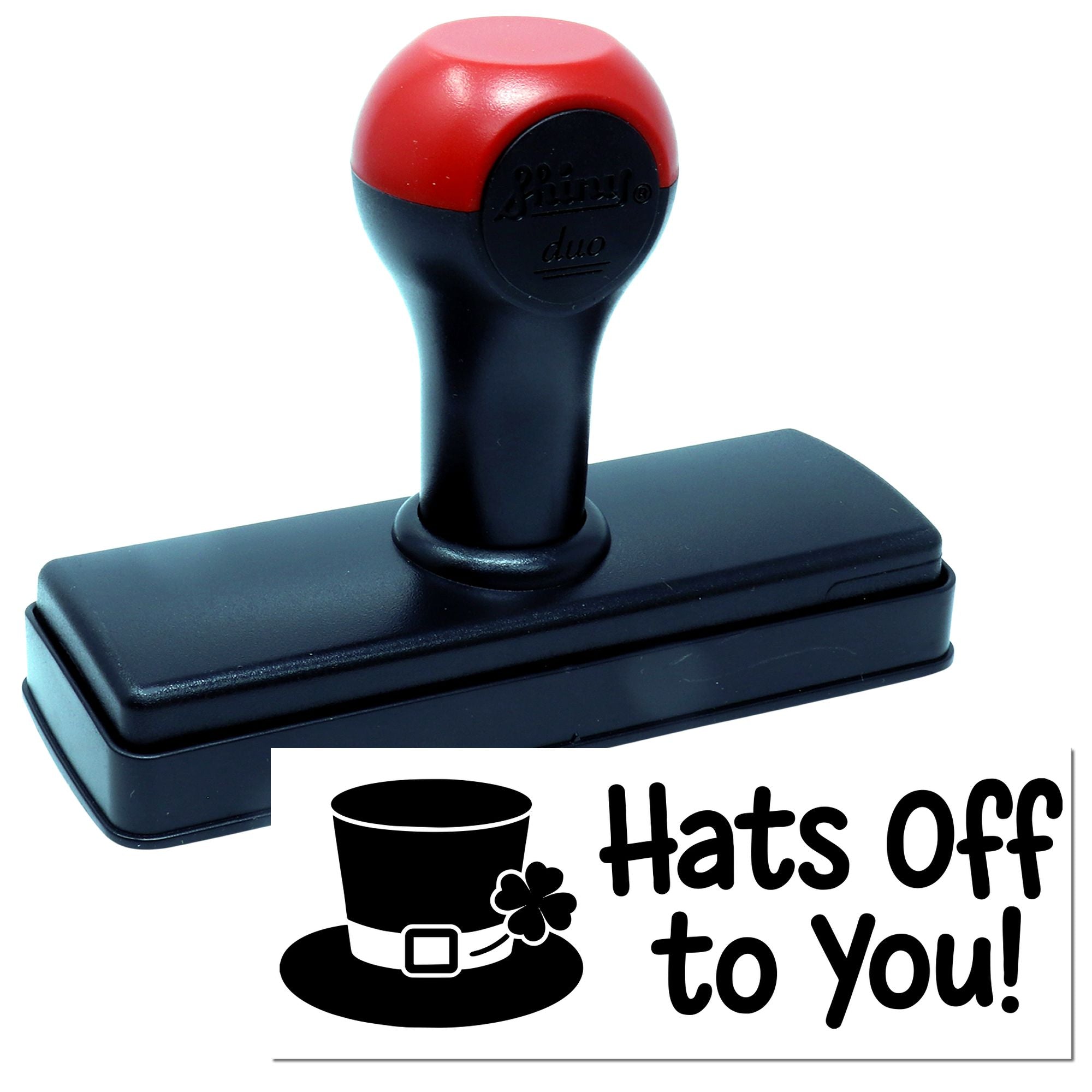 Self-inking rubber stamp with Hats Off to You! design for thank-you cards, party invitations, and appreciation crafts.