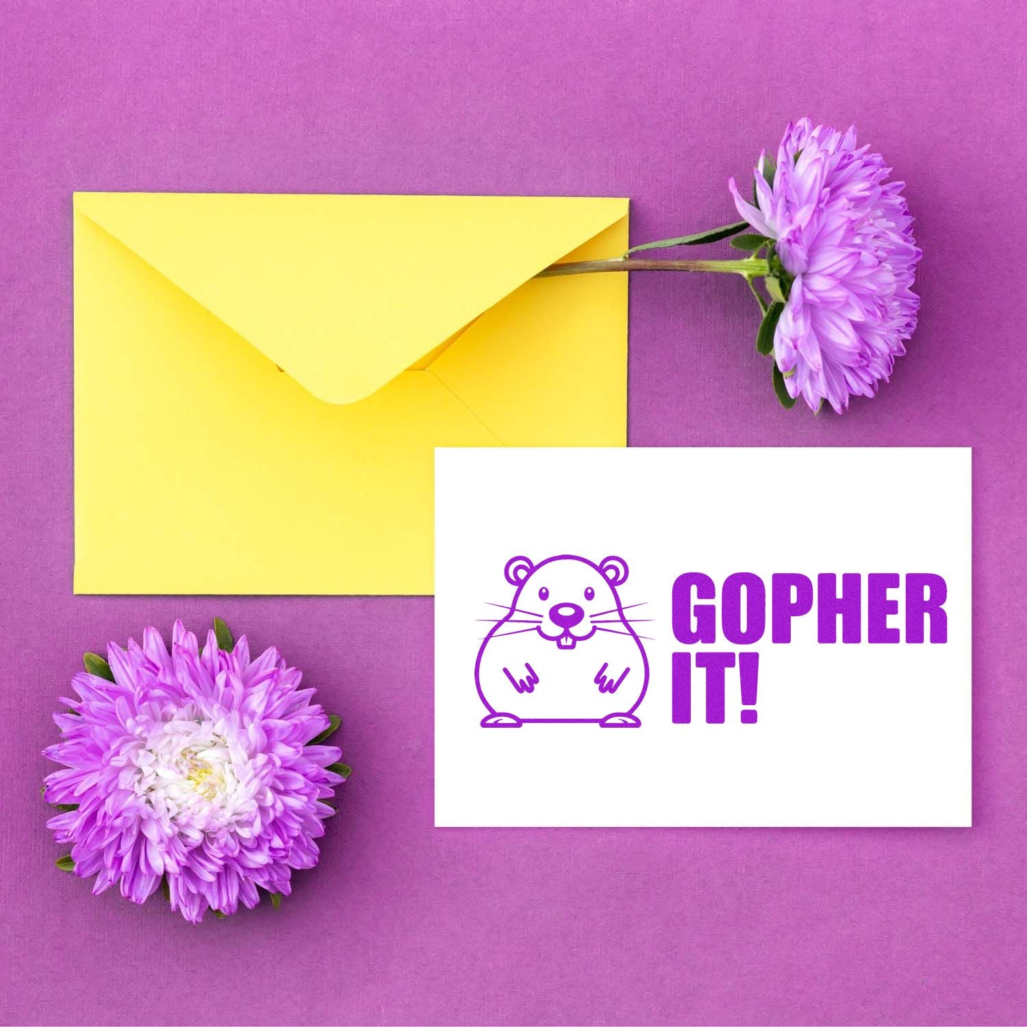 Gopher It! rubber stamp design with cute gopher icon for handmade greeting cards and paper crafting.