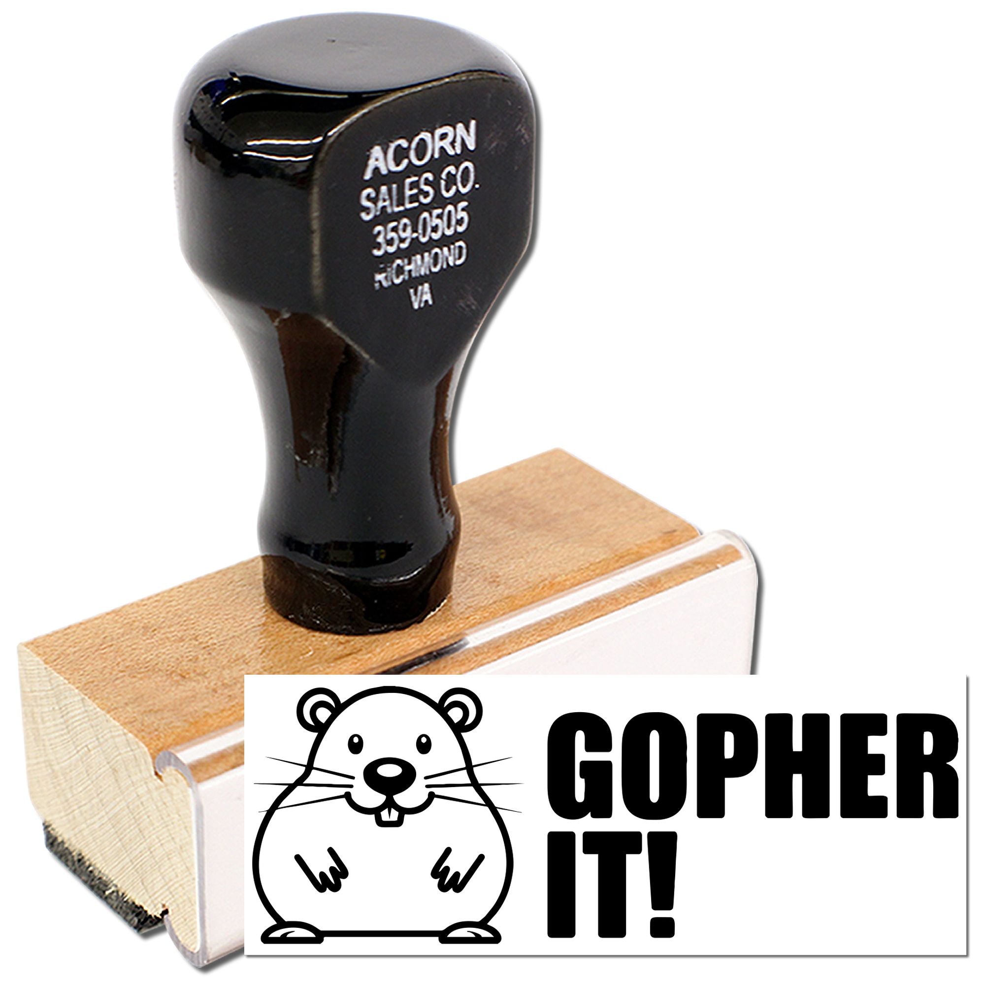 Custom rubber stamp with wooden handle, gopher logo, and Gopher It! design for business branding or promotions.