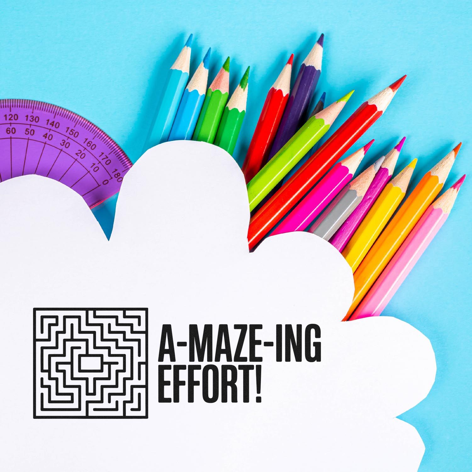 A-MAZE-ING EFFORT rubber stamp for student rewards, with maze icon and colorful school supplies background.