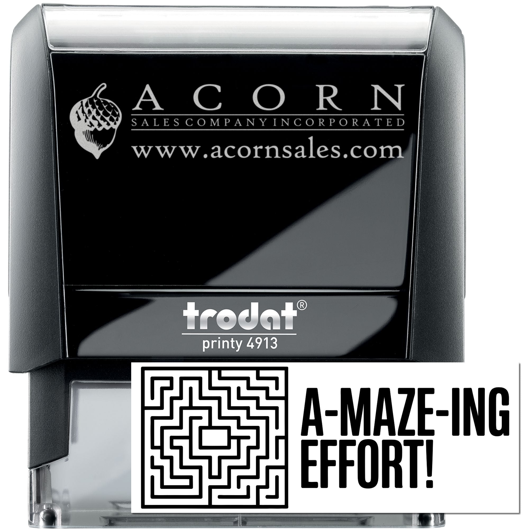 Custom self-inking rubber stamp with logo and website, Trodat Printy 4913, shown with maze-themed "A-MAZE-ING EFFORT!" imprint.