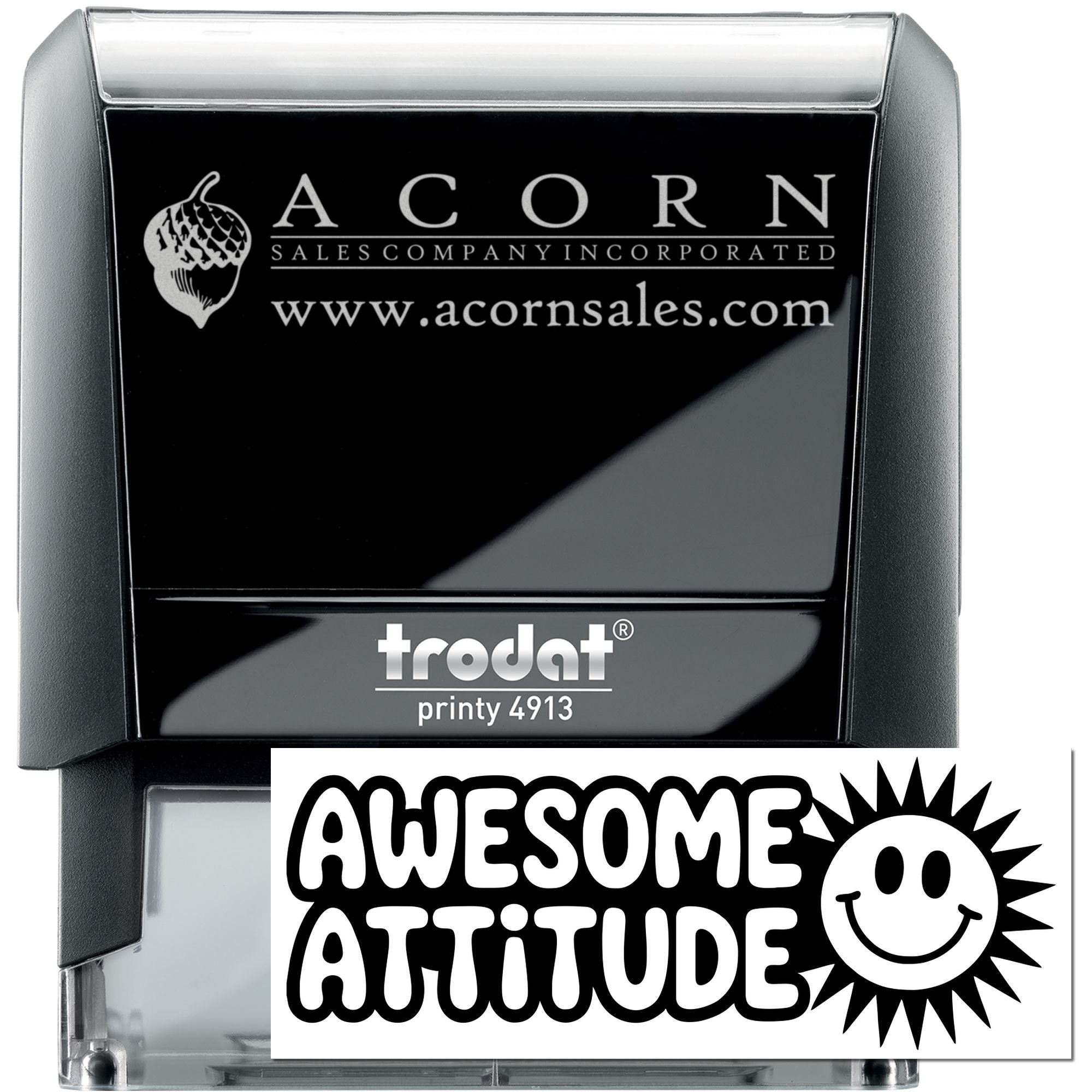 Custom self-inking rubber stamp, Trodat Printy 4913, featuring Acorn Sales logo and Awesome Attitude design for business branding.
