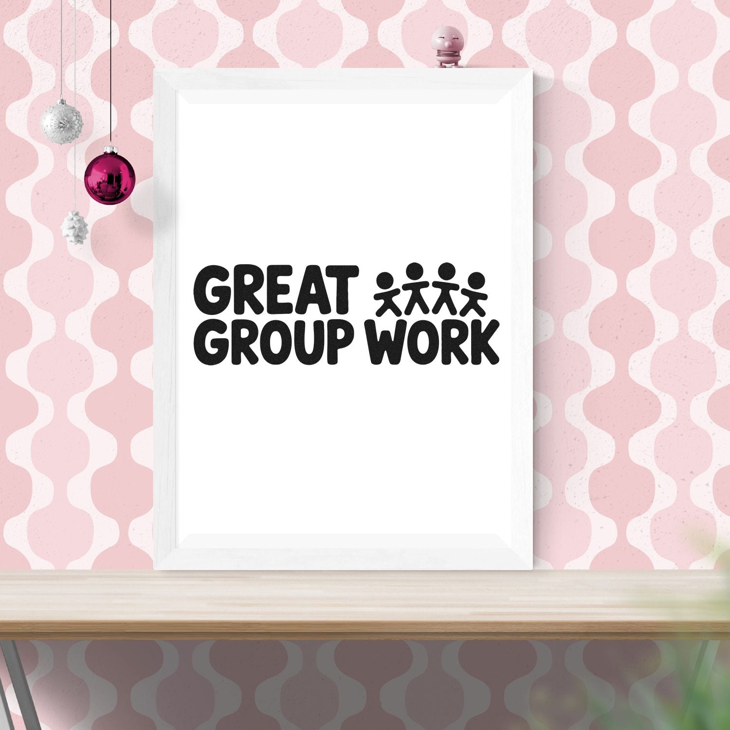 Great Group Work rubber stamp design on a framed poster, ideal for teacher feedback, classroom rewards, and teamwork recognition.