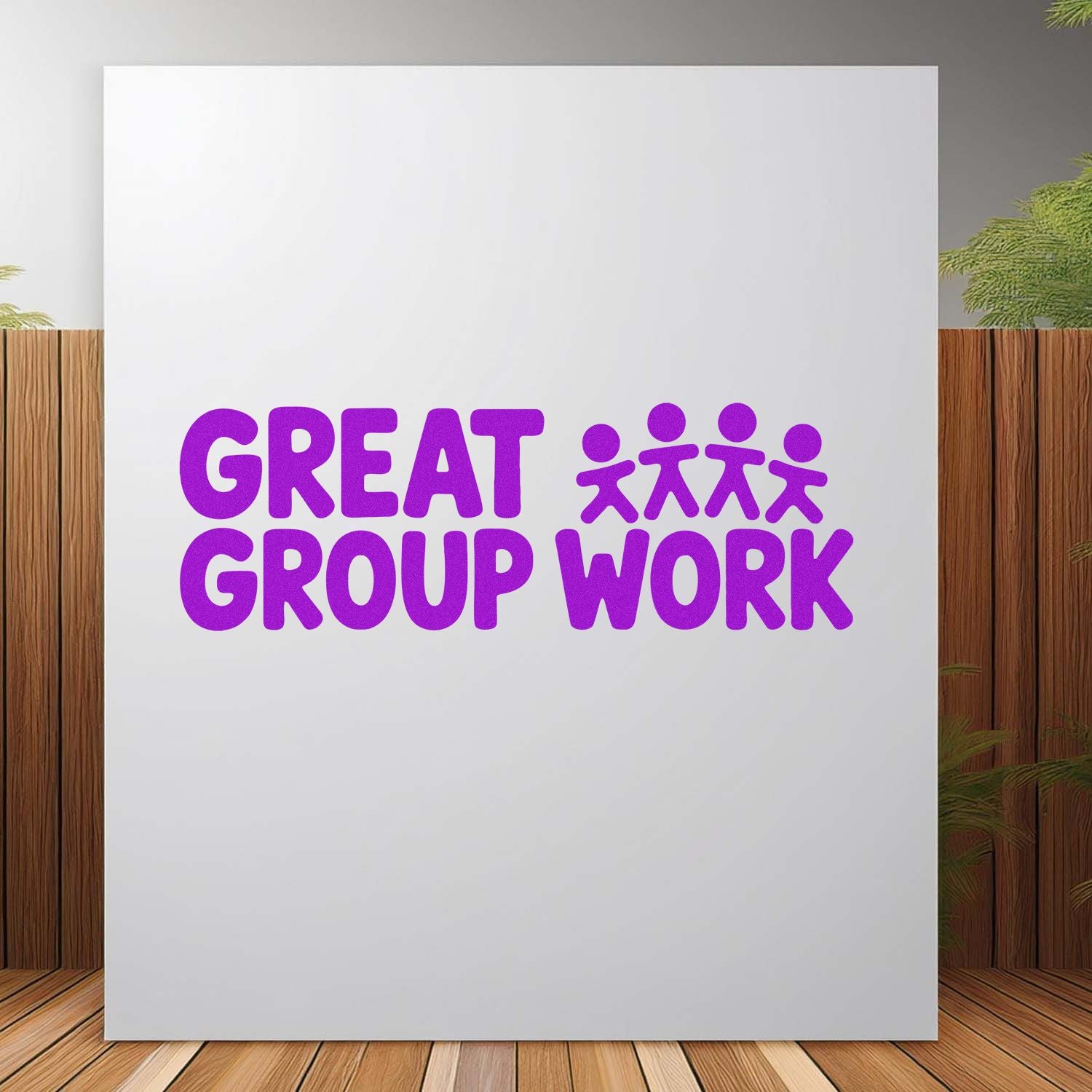 Great Group Work rubber stamp design with purple teamwork lettering and people icons for classroom praise and feedback.