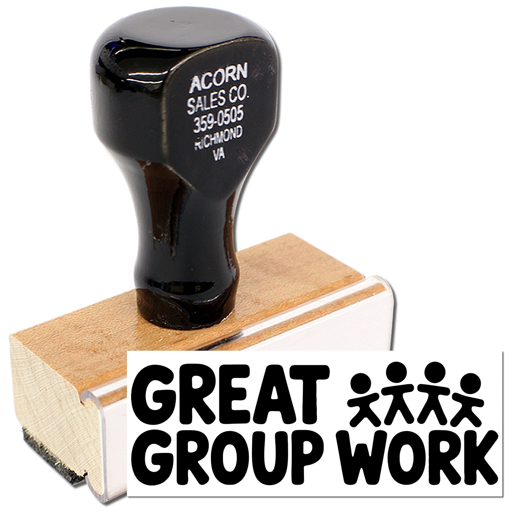 Great Group Work rubber stamp with wooden handle, ideal for classroom recognition, office feedback, and team appreciation.