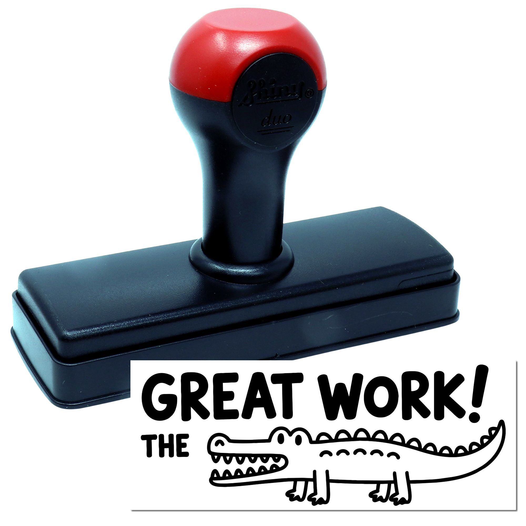 Self-inking rubber stamp with Great Work! alligator design for rewarding papers, crafts, and classroom projects.