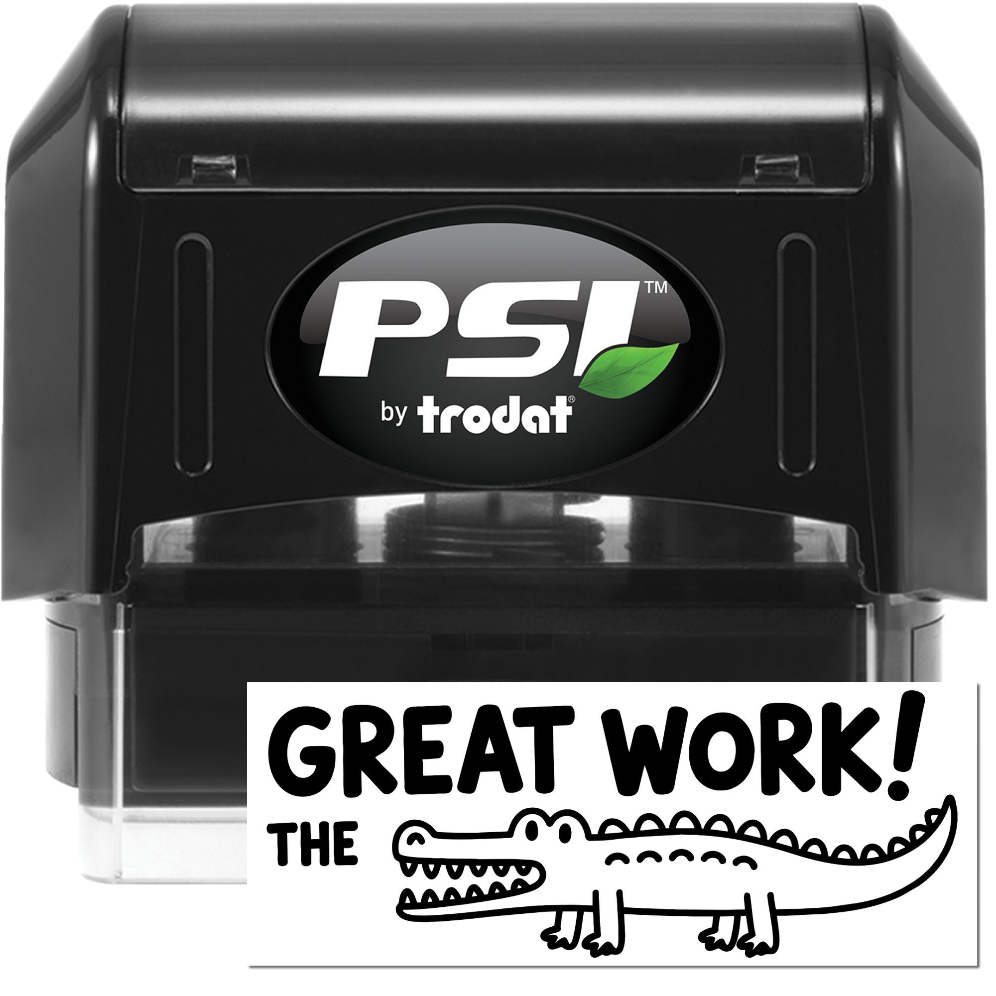 PSI by Trodat self-inking rubber stamp showing custom Great Work! The Crocodile teacher feedback stamp.