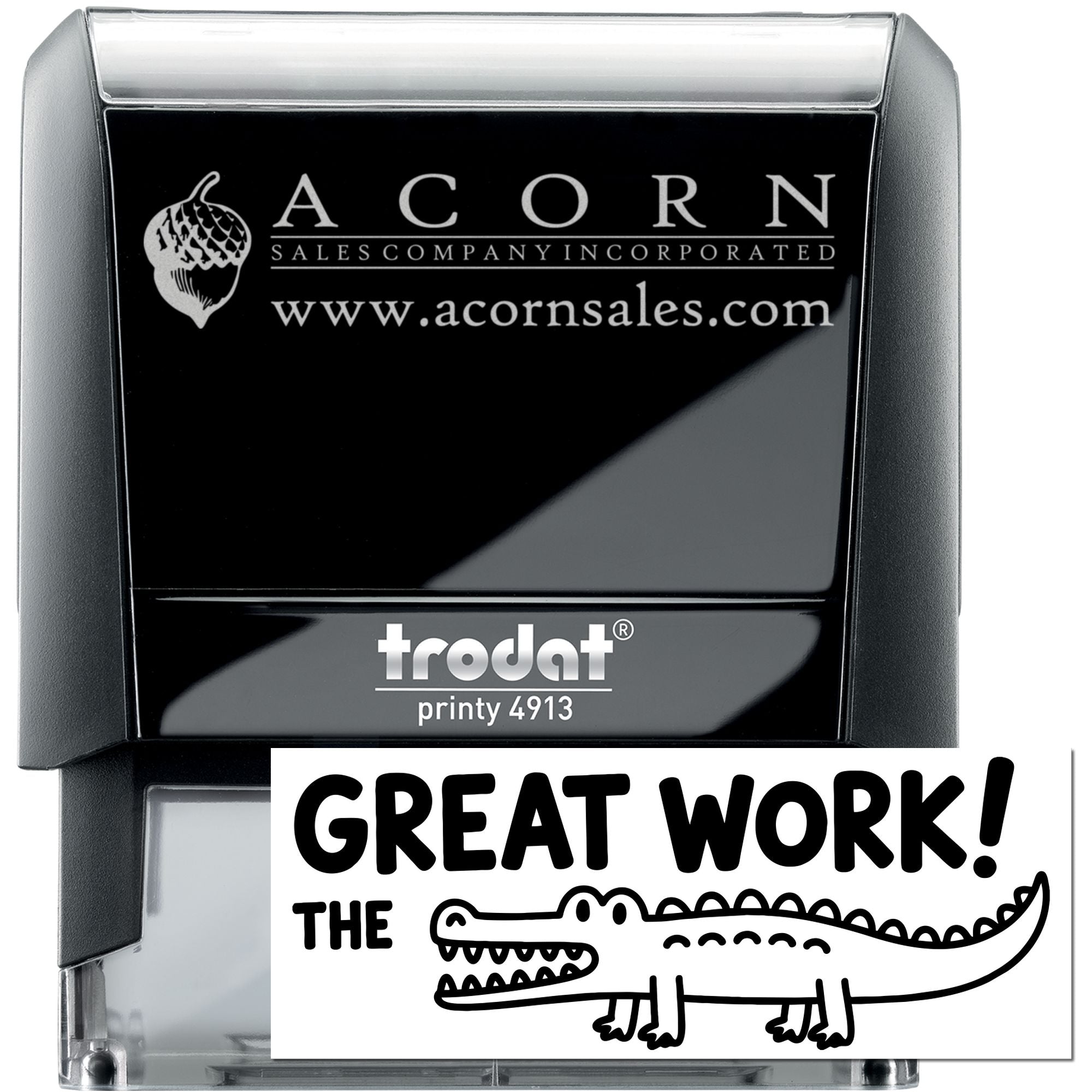Custom Trodat Printy 4913 self-inking rubber stamp with Acorn Sales Company logo and website for branded office use.