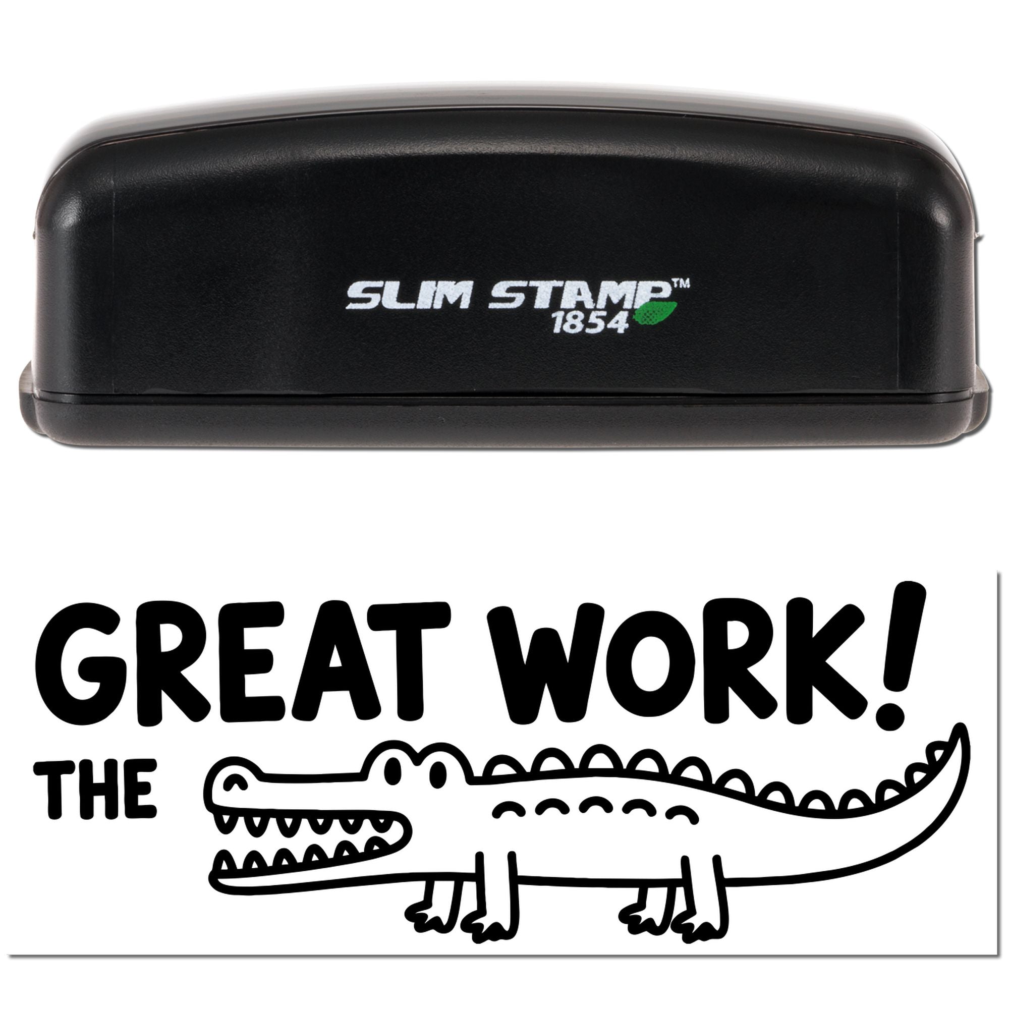 Slim Stamp 1854 self-inking rubber stamp with Great Work! alligator design for classroom reward marking.