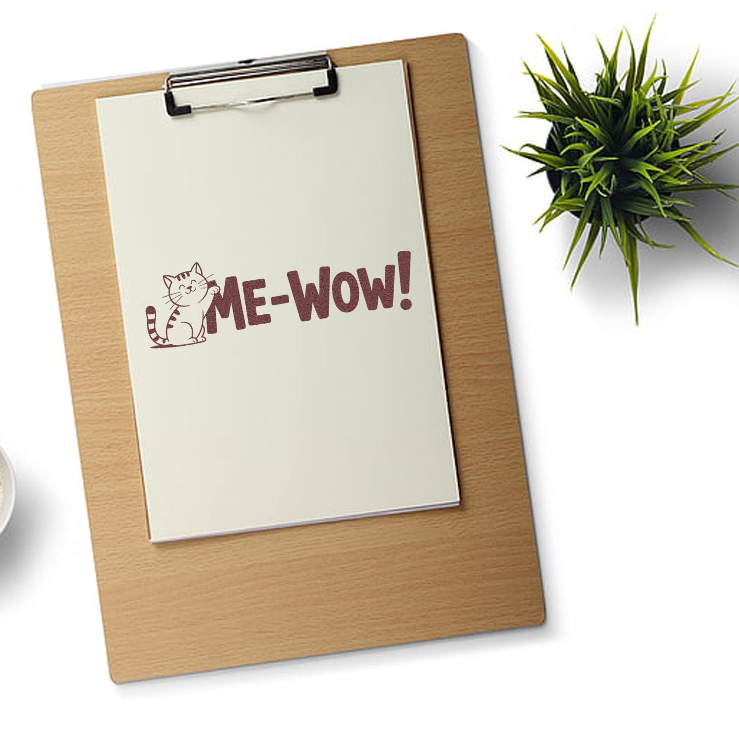 Cat Me-Wow rubber stamp impression on paper, ideal for playful pet-themed stationery and craft projects.