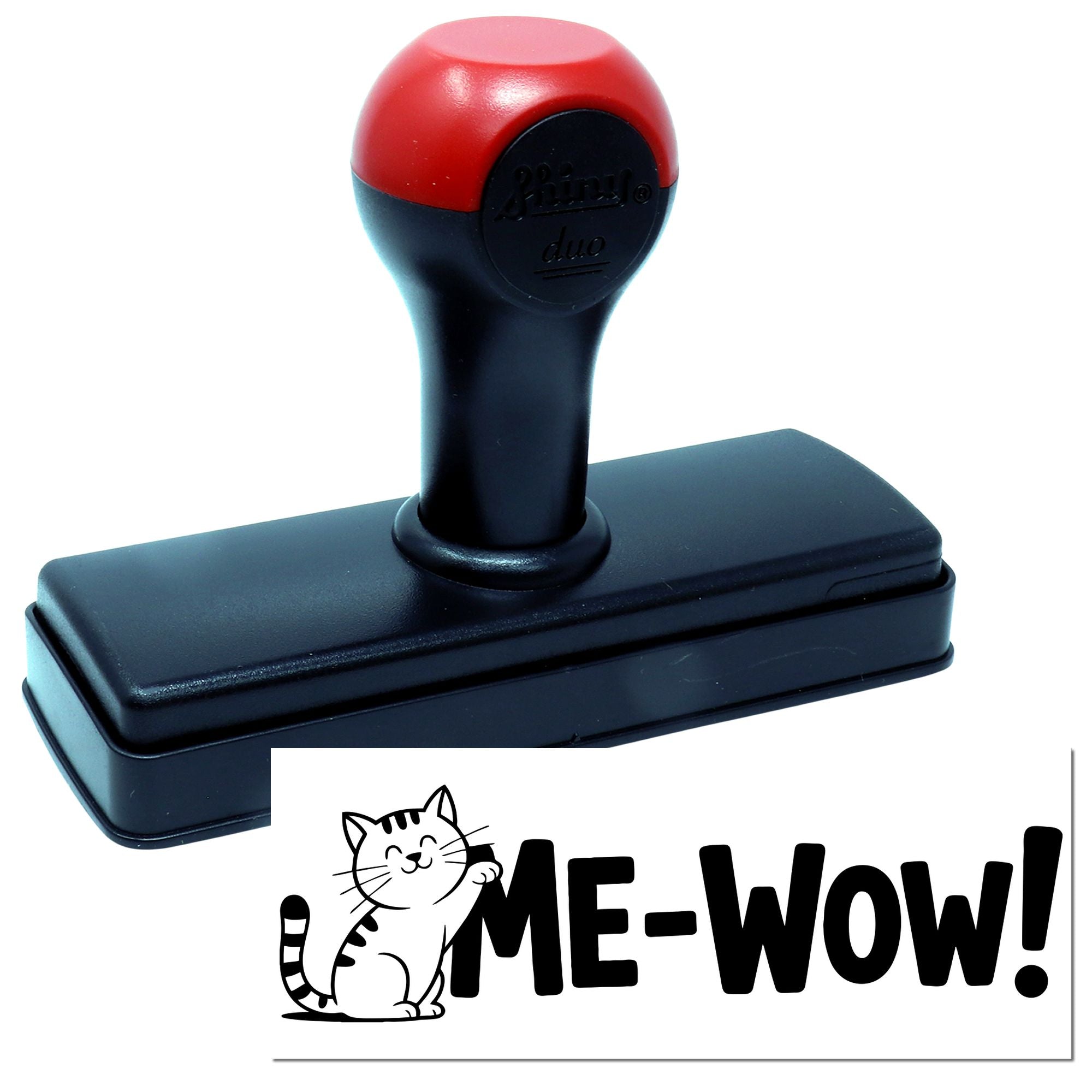 Self-inking rubber stamp with cat Me-Wow! design for pet-themed crafts, cards, and business use.