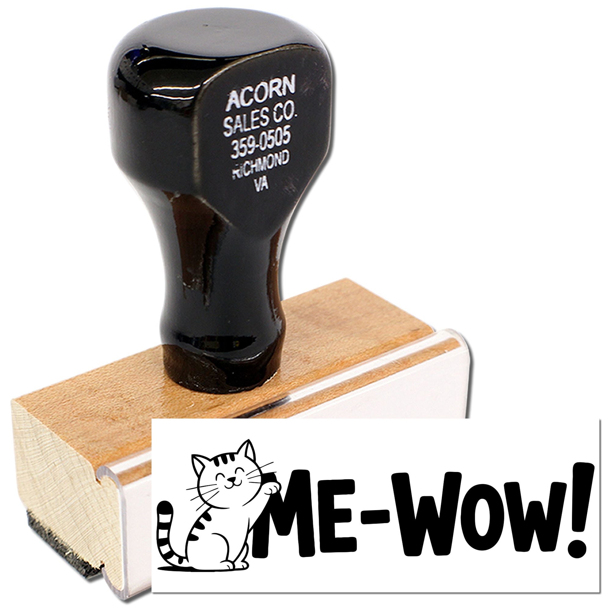 Custom rubber stamp with cat Me-Wow! design and wooden handle, ideal for personalized business or craft stamping.