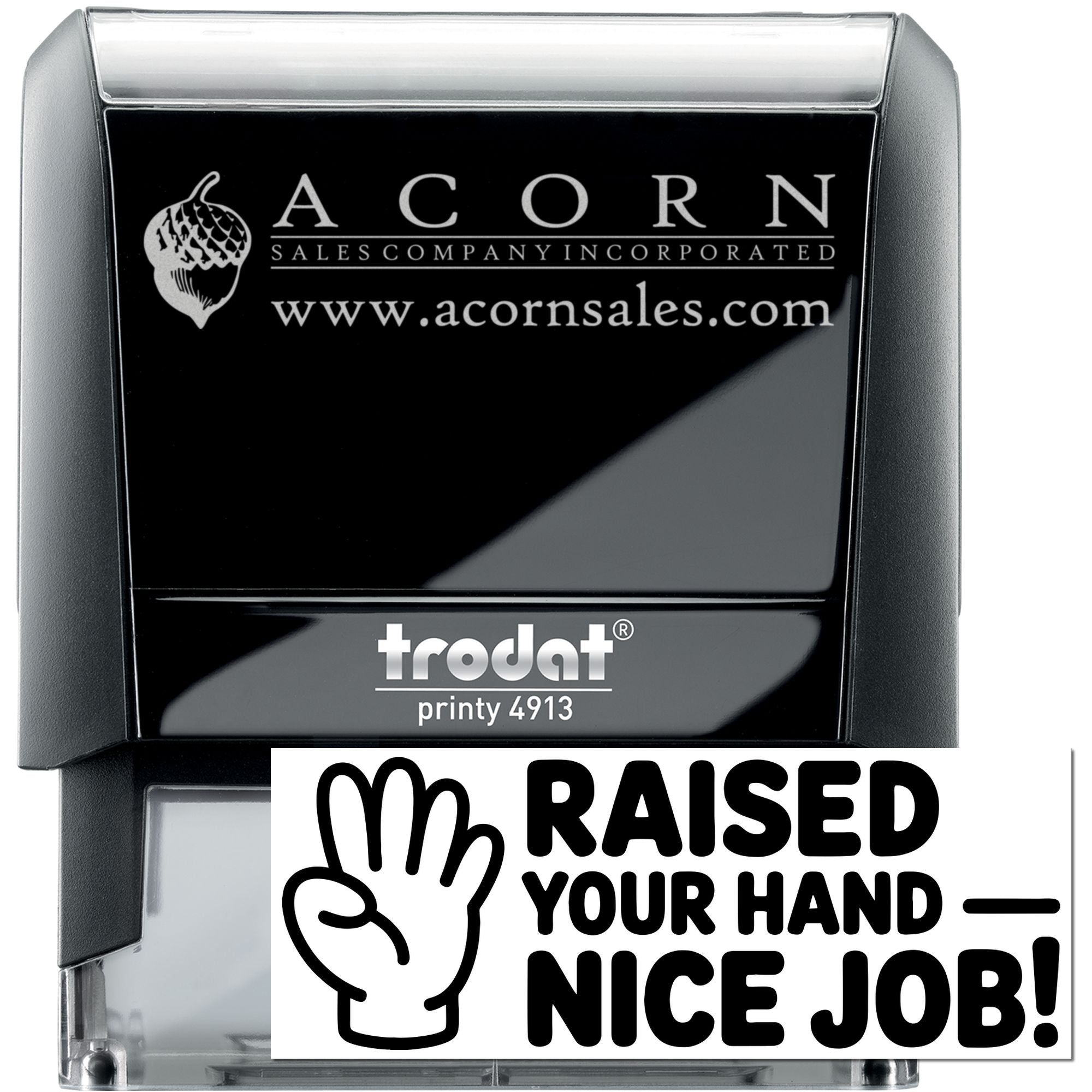 Custom self-inking rubber stamp, Trodat Printy 4913, with Acorn Sales logo and website for business branding.