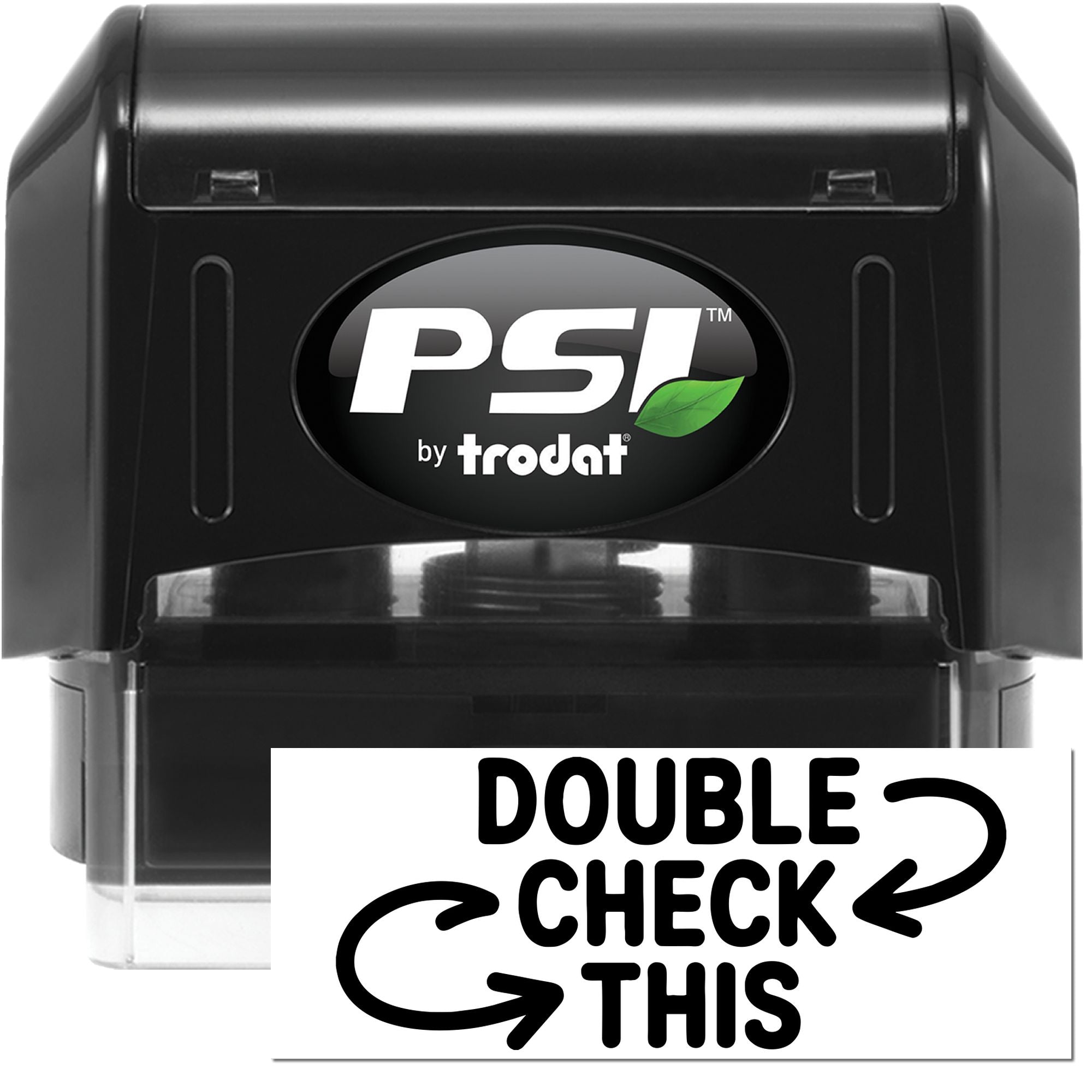 PSI by Trodat self-inking rubber stamp with Double Check This imprint for document review and approval.