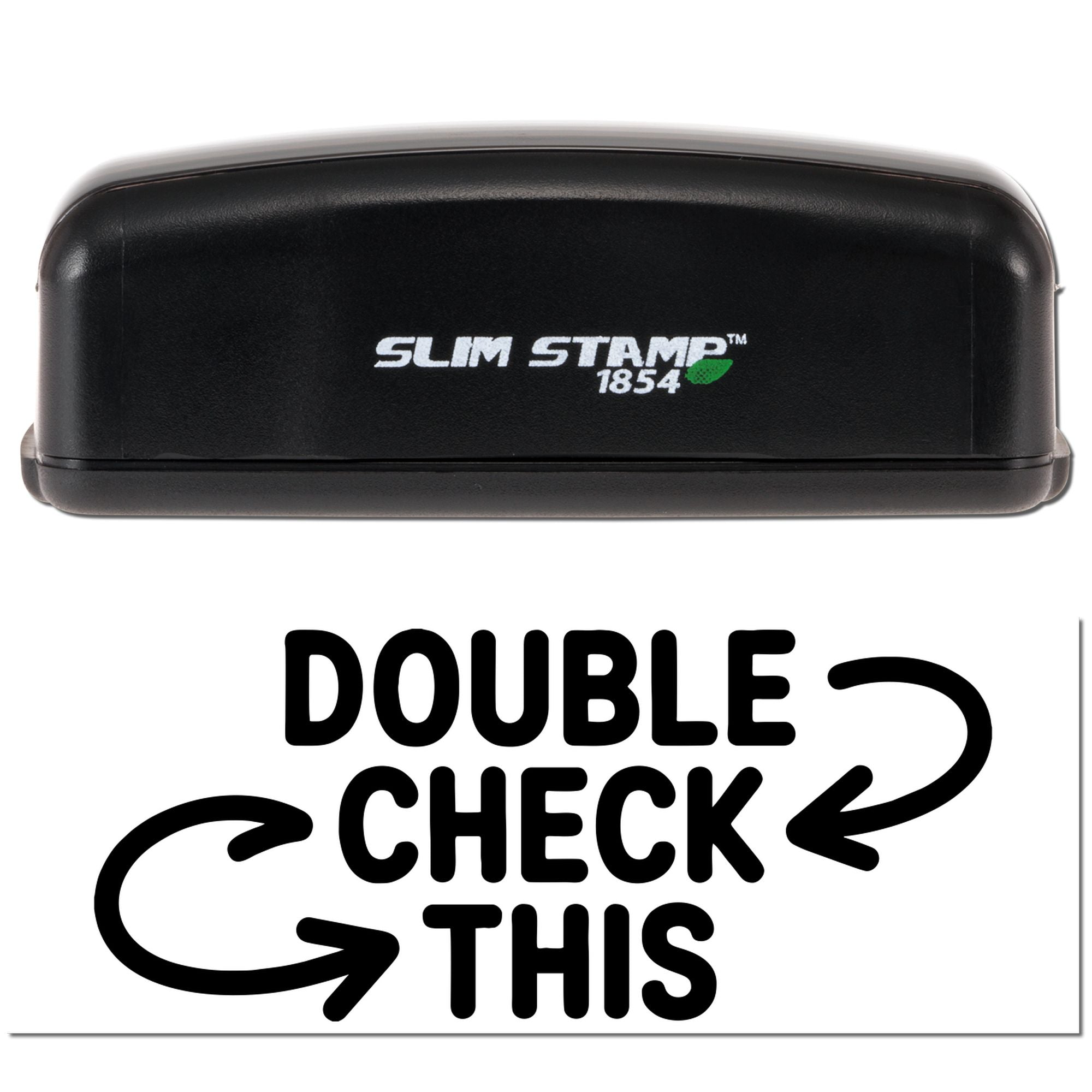 Slim Stamp 1854 self-inking rubber stamp with Double Check This message for office proofreading and document review.