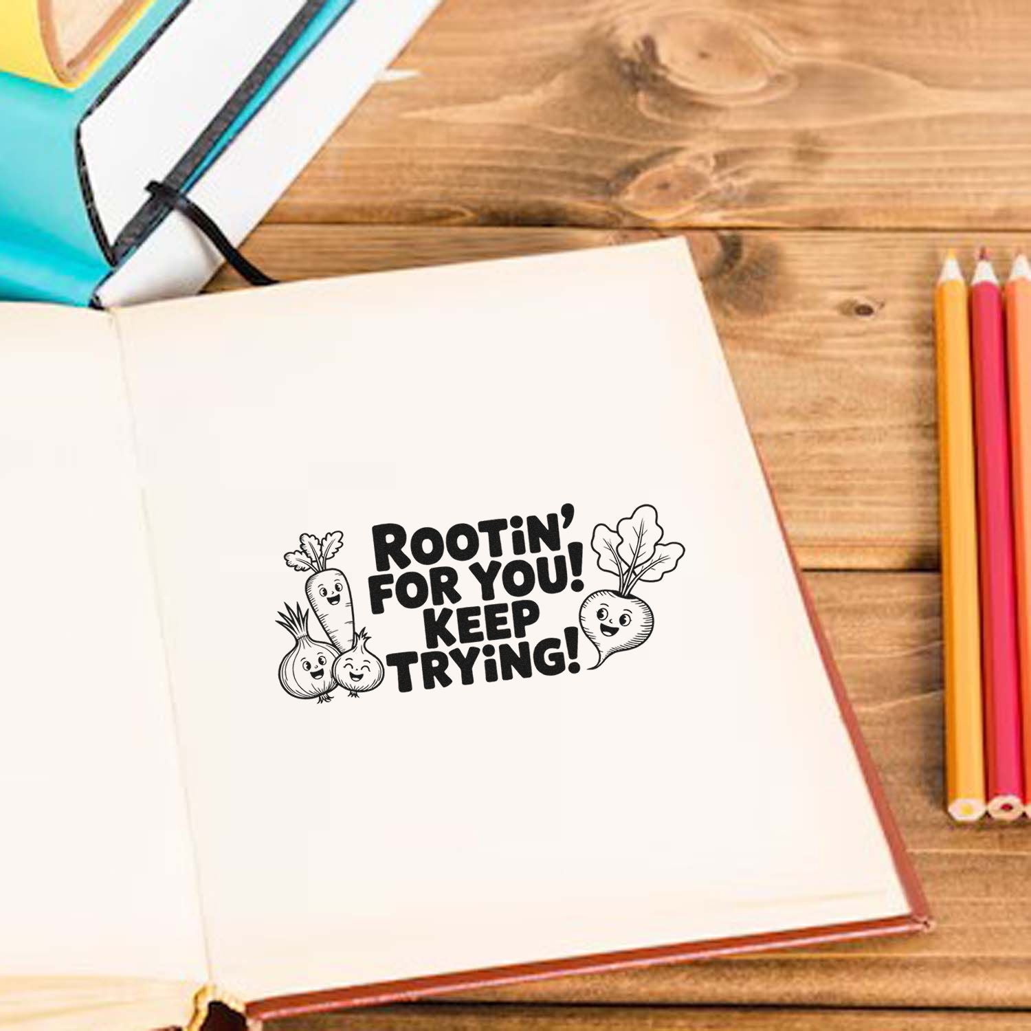 Teacher rubber stamp design with Rootin for you! Keep trying! and cute vegetable characters on a notebook.