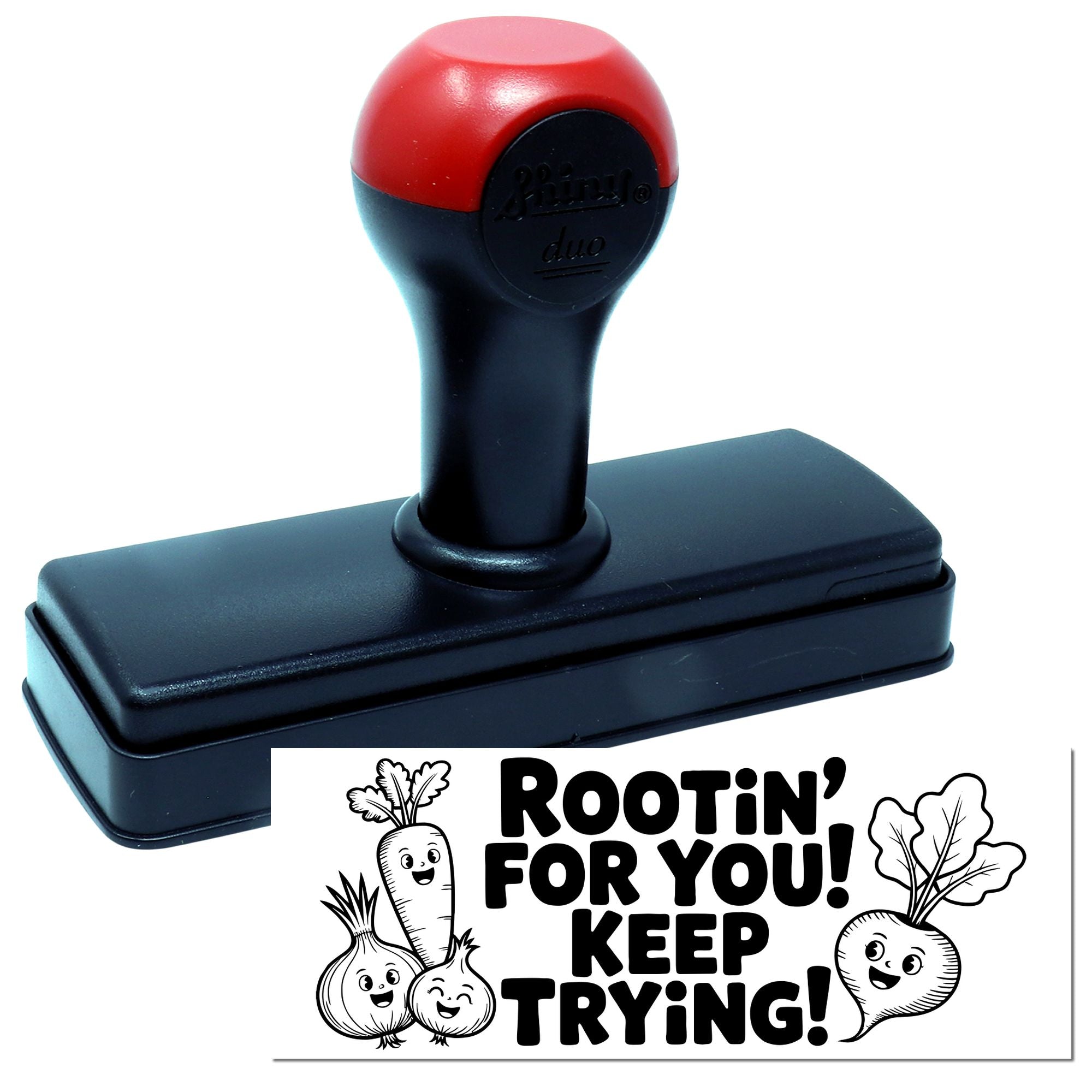 Custom self-inking rubber stamp with Rootin for You! Keep Trying! vegetable design for encouraging notes and classroom use