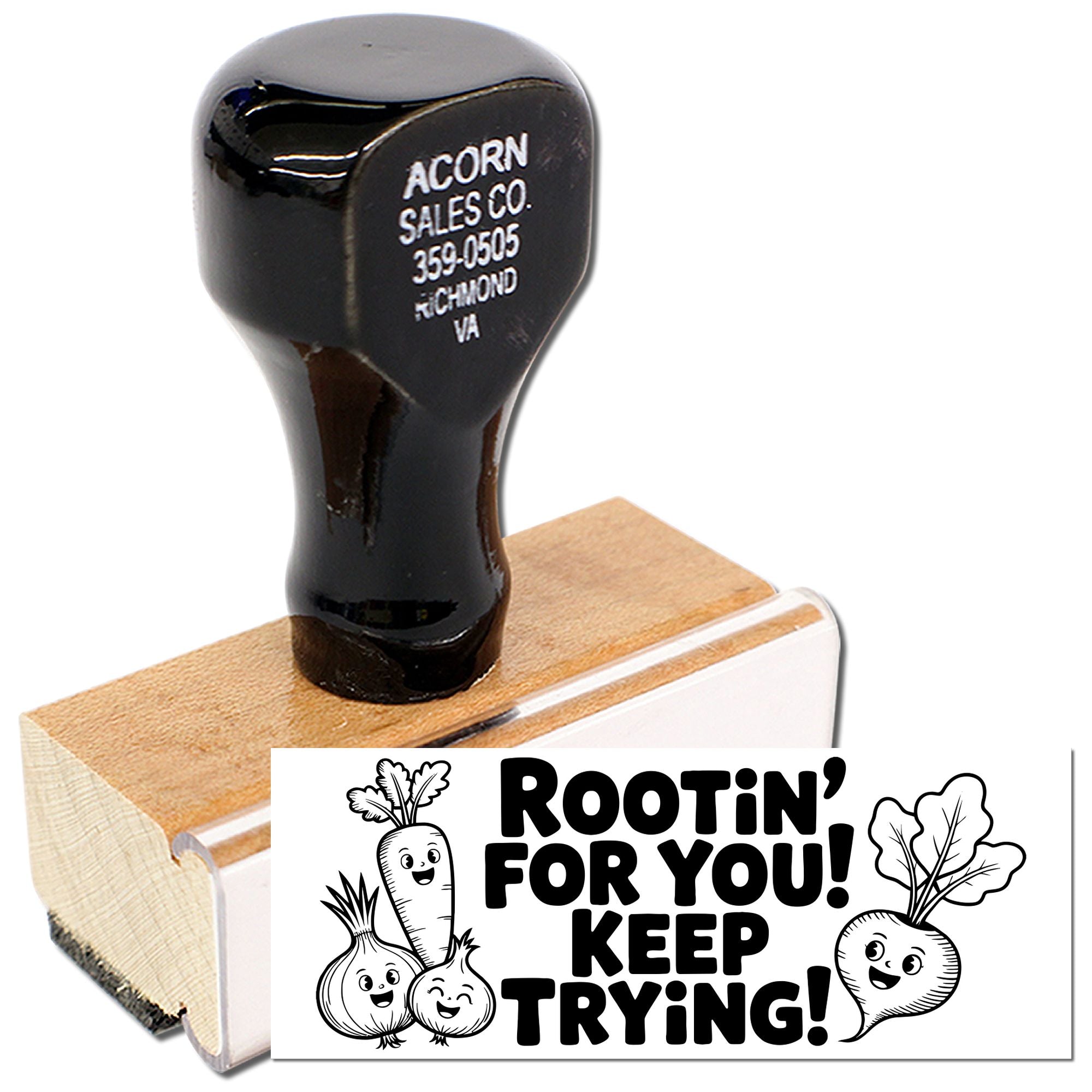 Custom motivational rubber stamp with Rootin for You! Keep Trying! and cute vegetable characters
