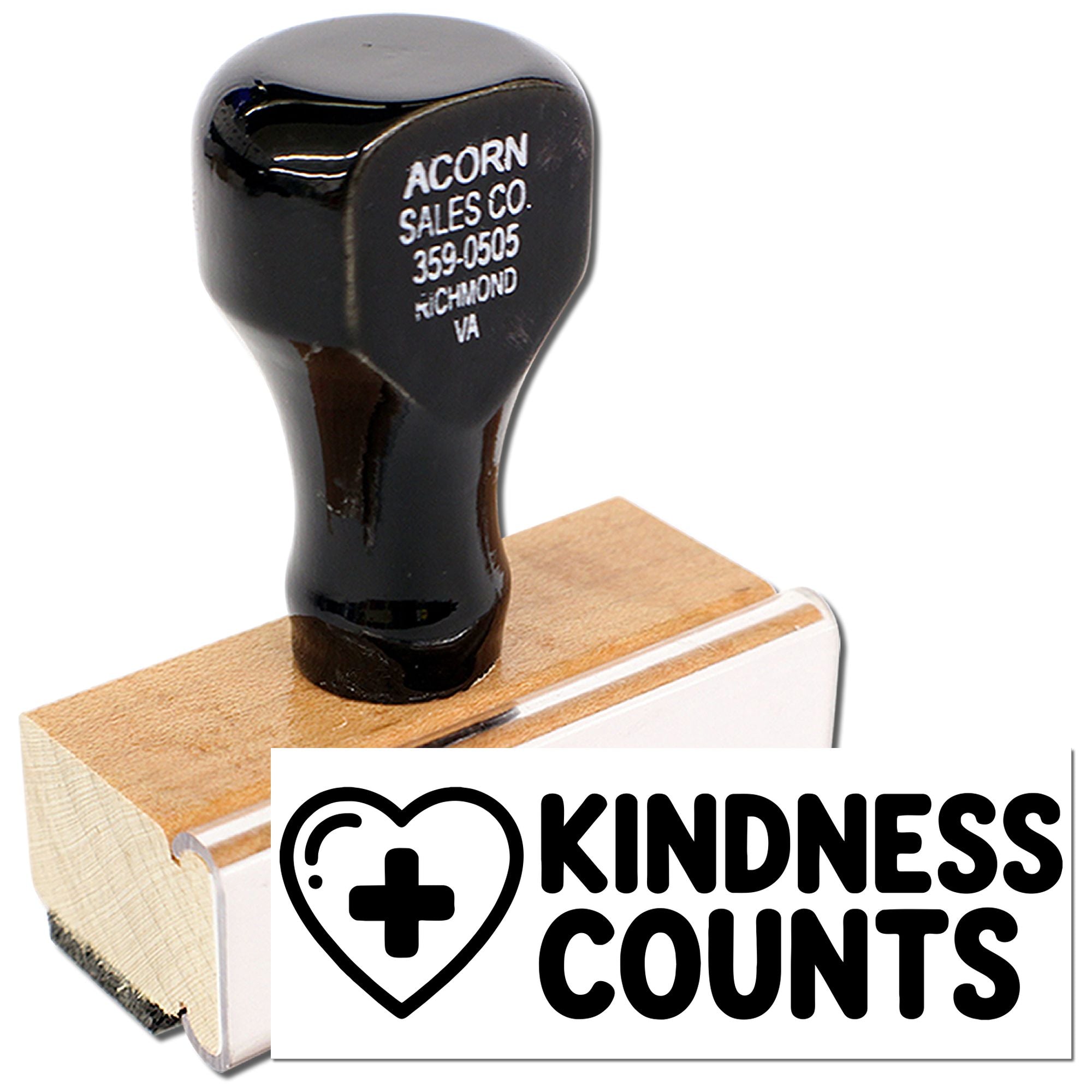 Custom rubber stamp with Kindness Counts heart logo and business return address imprint for branding and packaging.