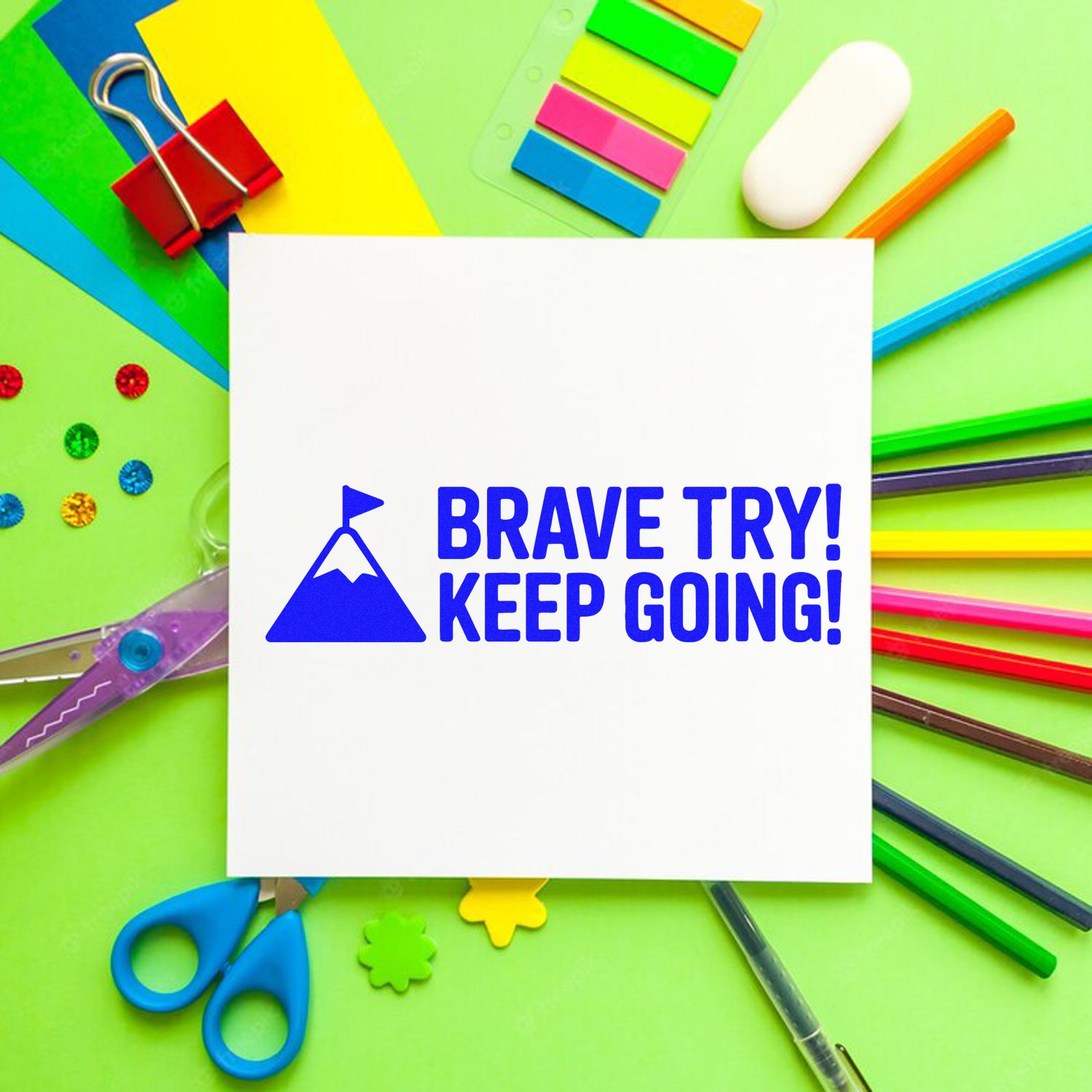 Motivational rubber stamp design with Brave Try! Keep Going! mountain icon for encouragement, scrapbooking, and stationery projects.