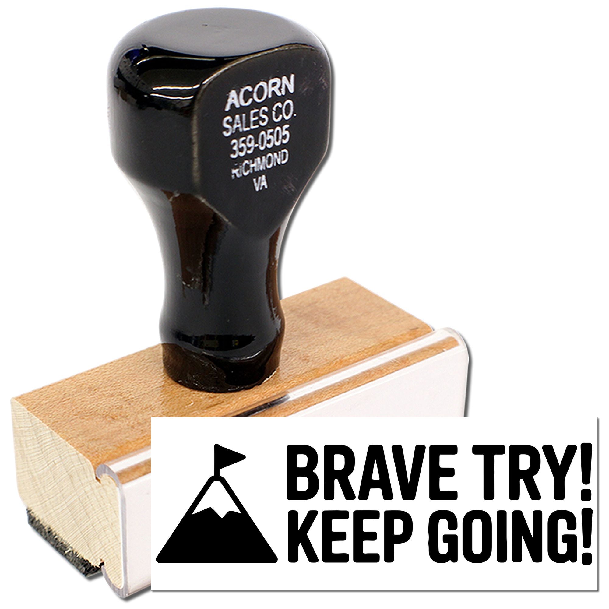 Custom rubber stamp with BRAVE TRY! KEEP GOING! message and mountain icon for motivational packaging, crafts, and office projects.