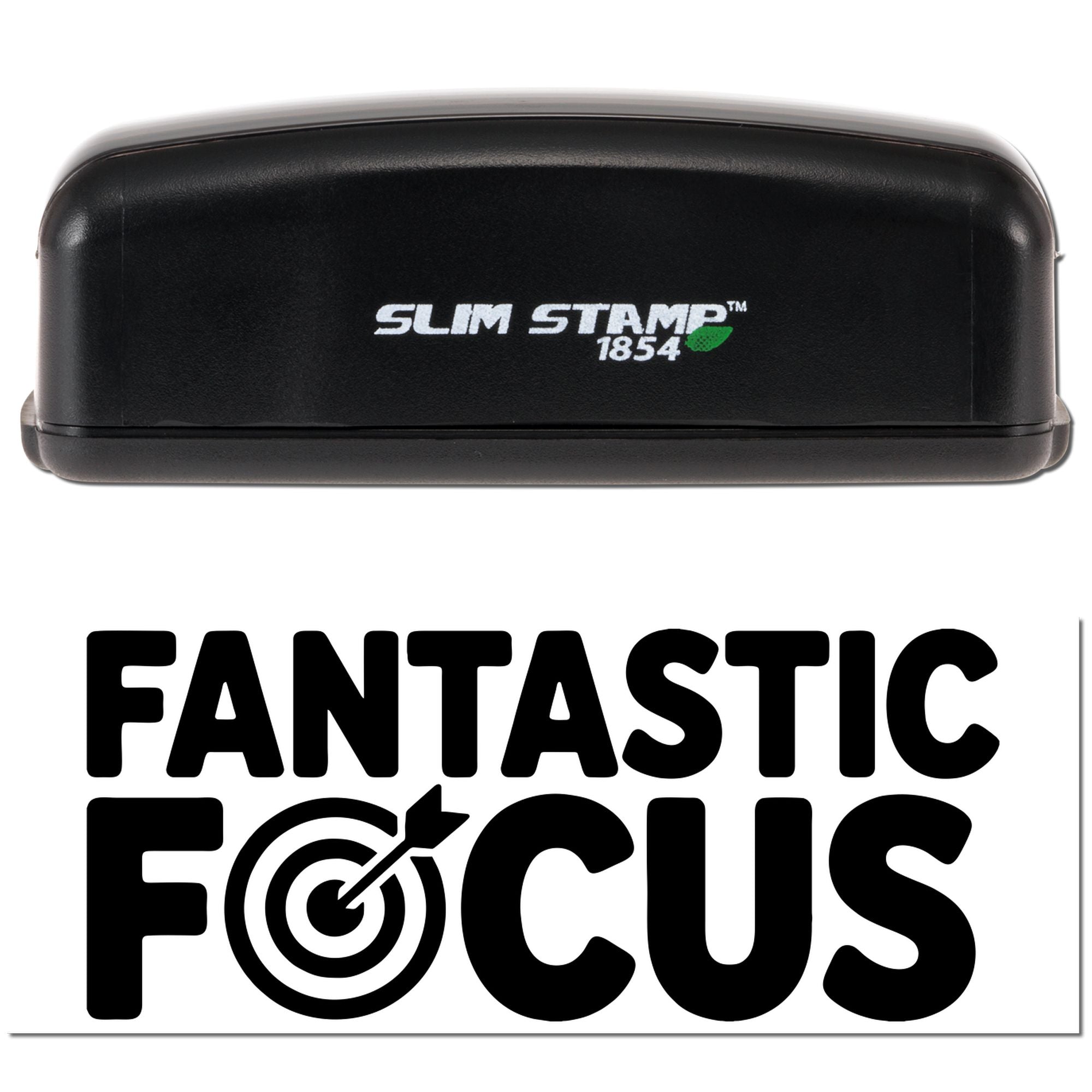 Slim Stamp 1854 custom rubber stamp featuring Fantastic Focus logo for office branding and professional marking.