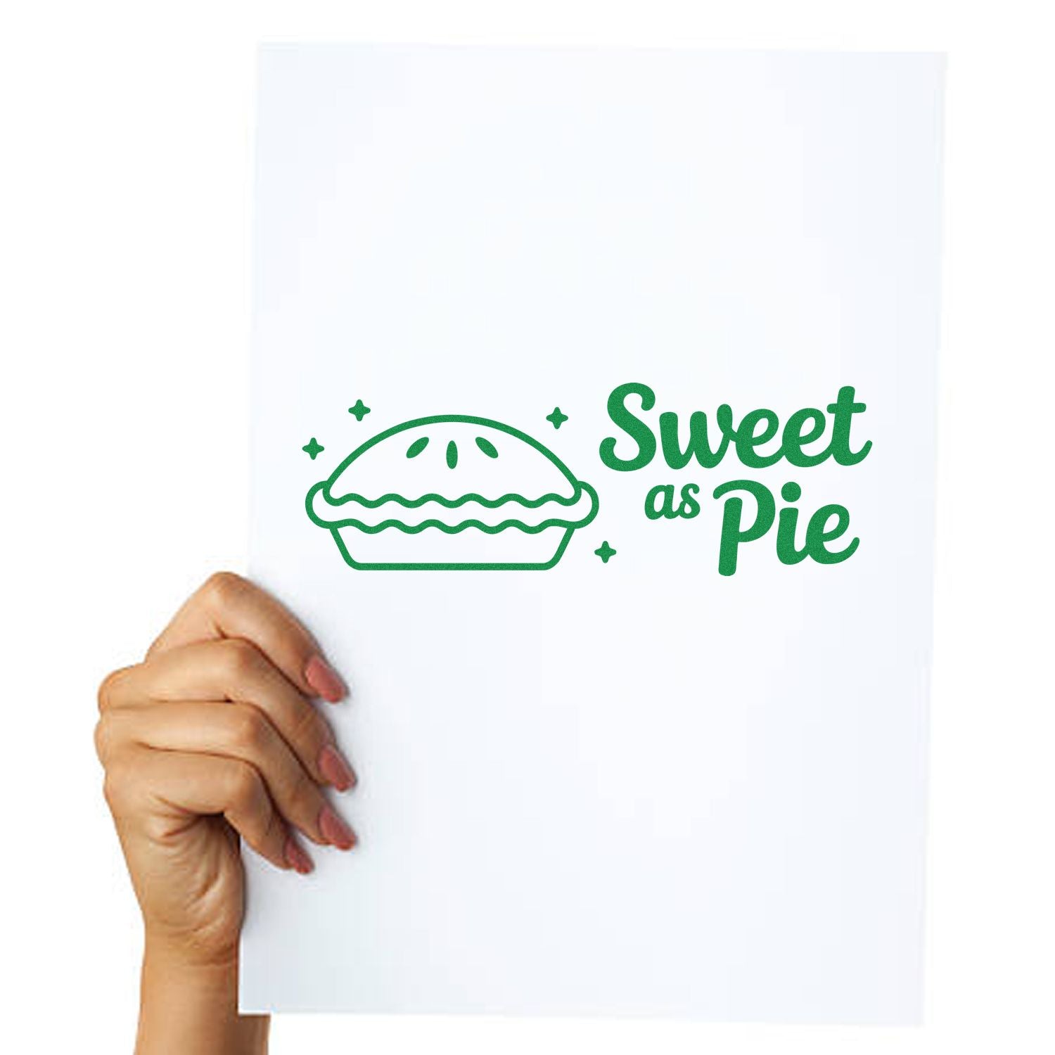 Sweet as Pie rubber stamp design with pie icon, shown on a sample print for bakery, dessert, and kitchen branding.
