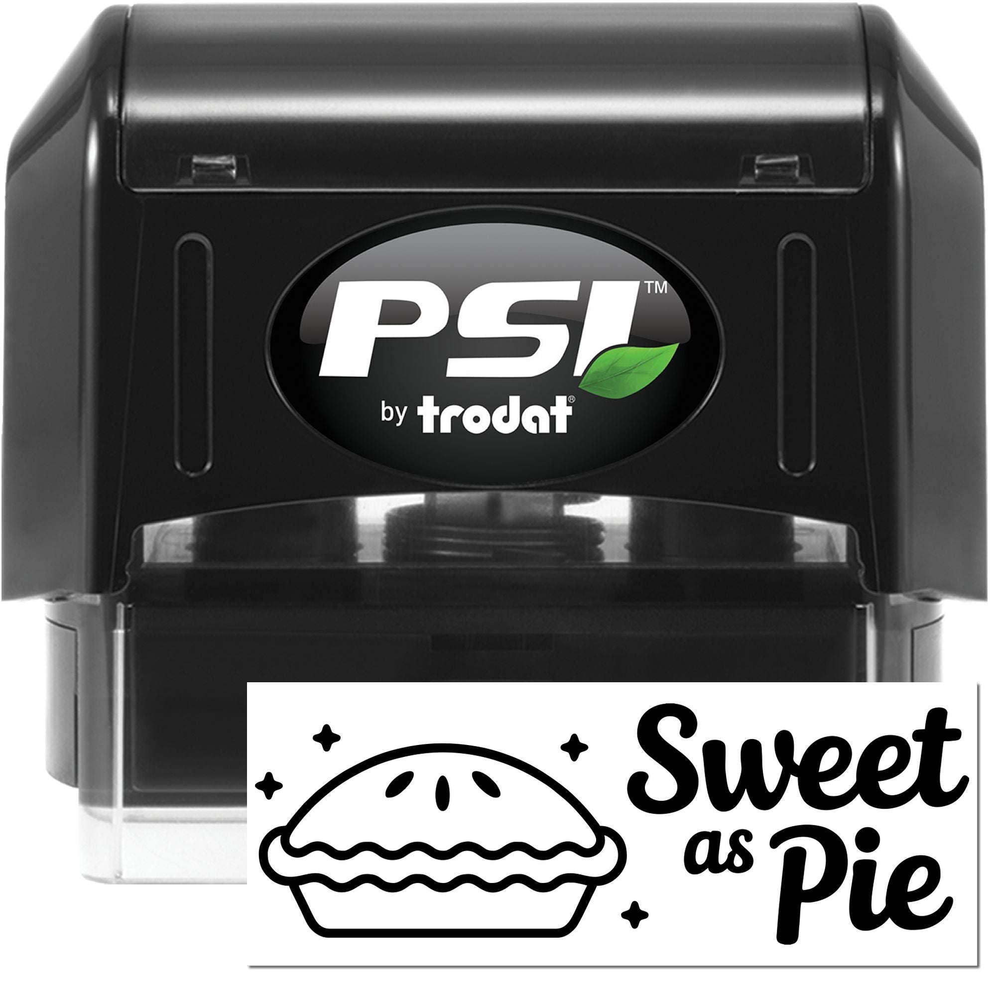 PSI by Trodat custom rubber stamp with Sweet as Pie pie graphic, ideal for bakery packaging, crafts, and handmade labels.