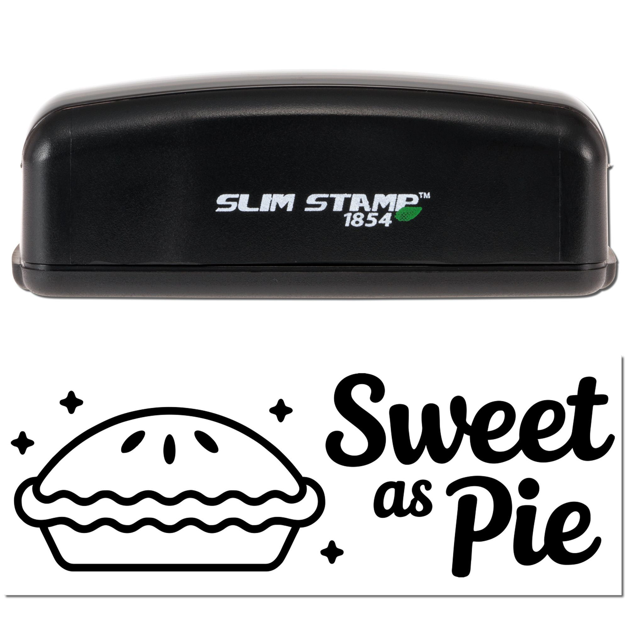 Slim Stamp 1854 rubber stamp with Sweet as Pie pie design, ideal for bakery packaging and cute custom stamping.