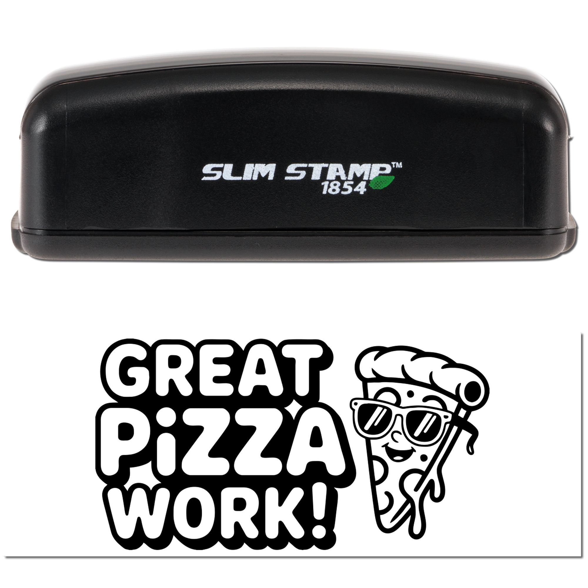 Self-inking rubber stamp with Great Pizza Work! pizza slice design for pizzeria packaging and employee recognition.